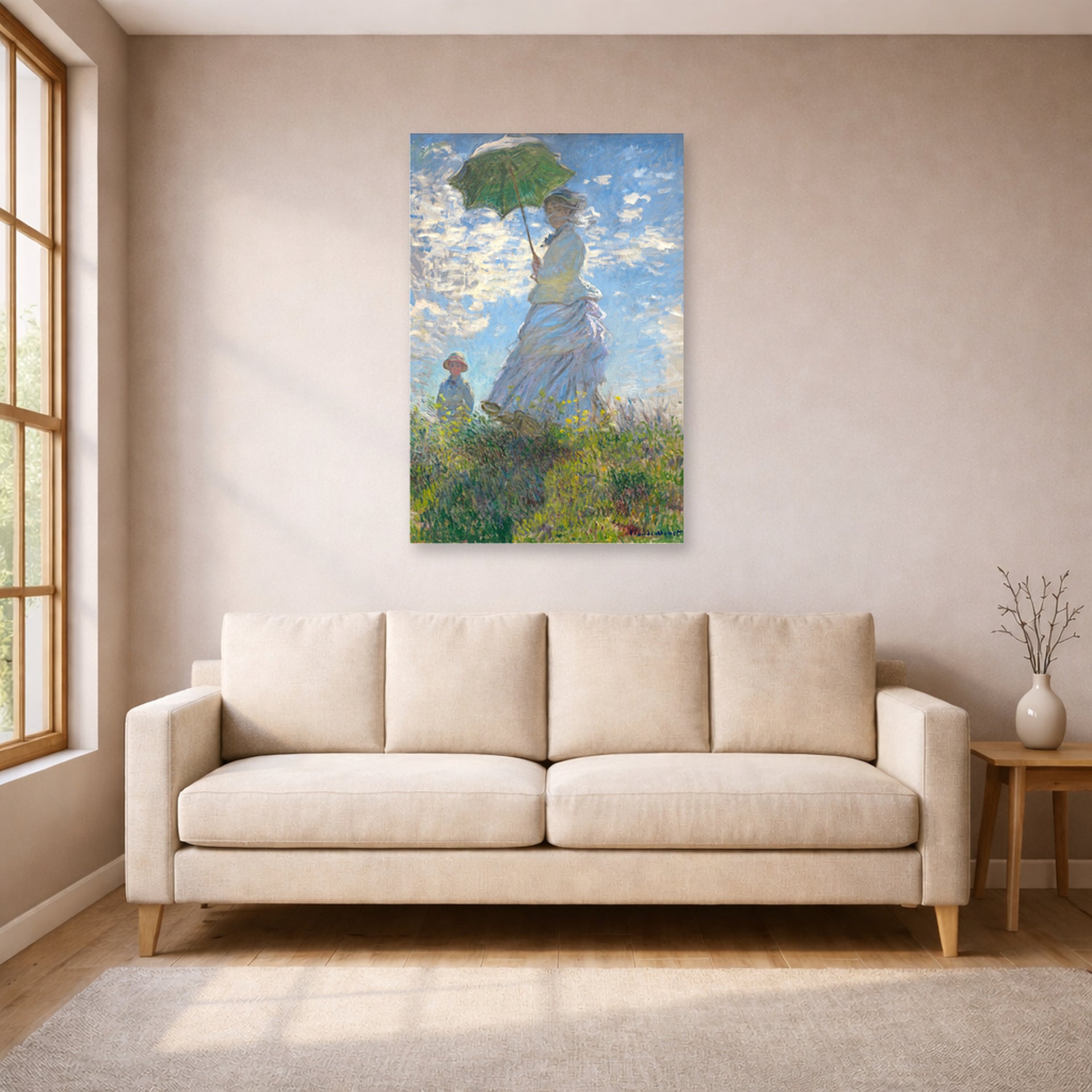 Unframed poster print of Claude Monet's 'Woman with a Parasol' displayed on a wall in a living room