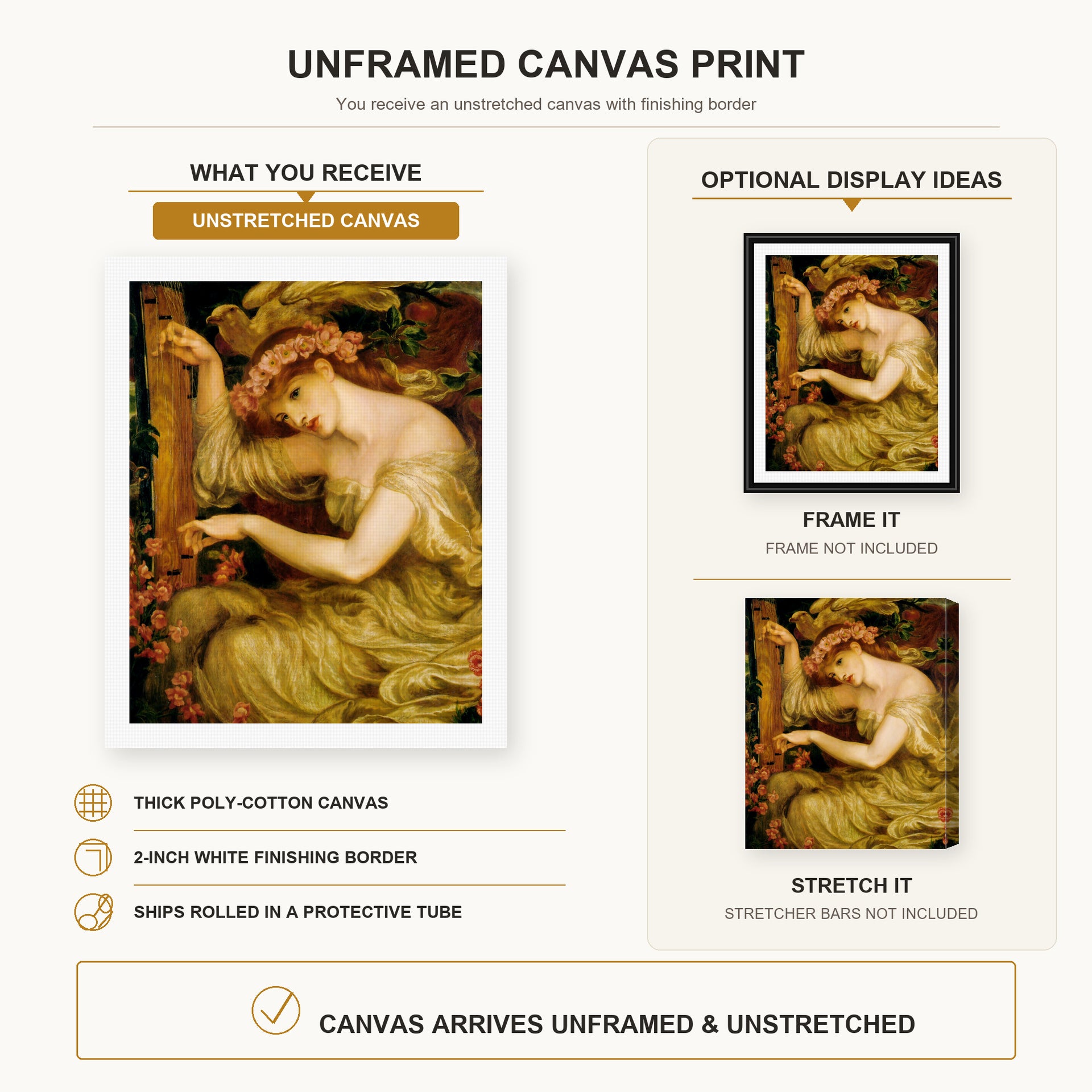 Dante Gabriel Rossetti - A Sea Spell canvas print size comparison and framing display infographic