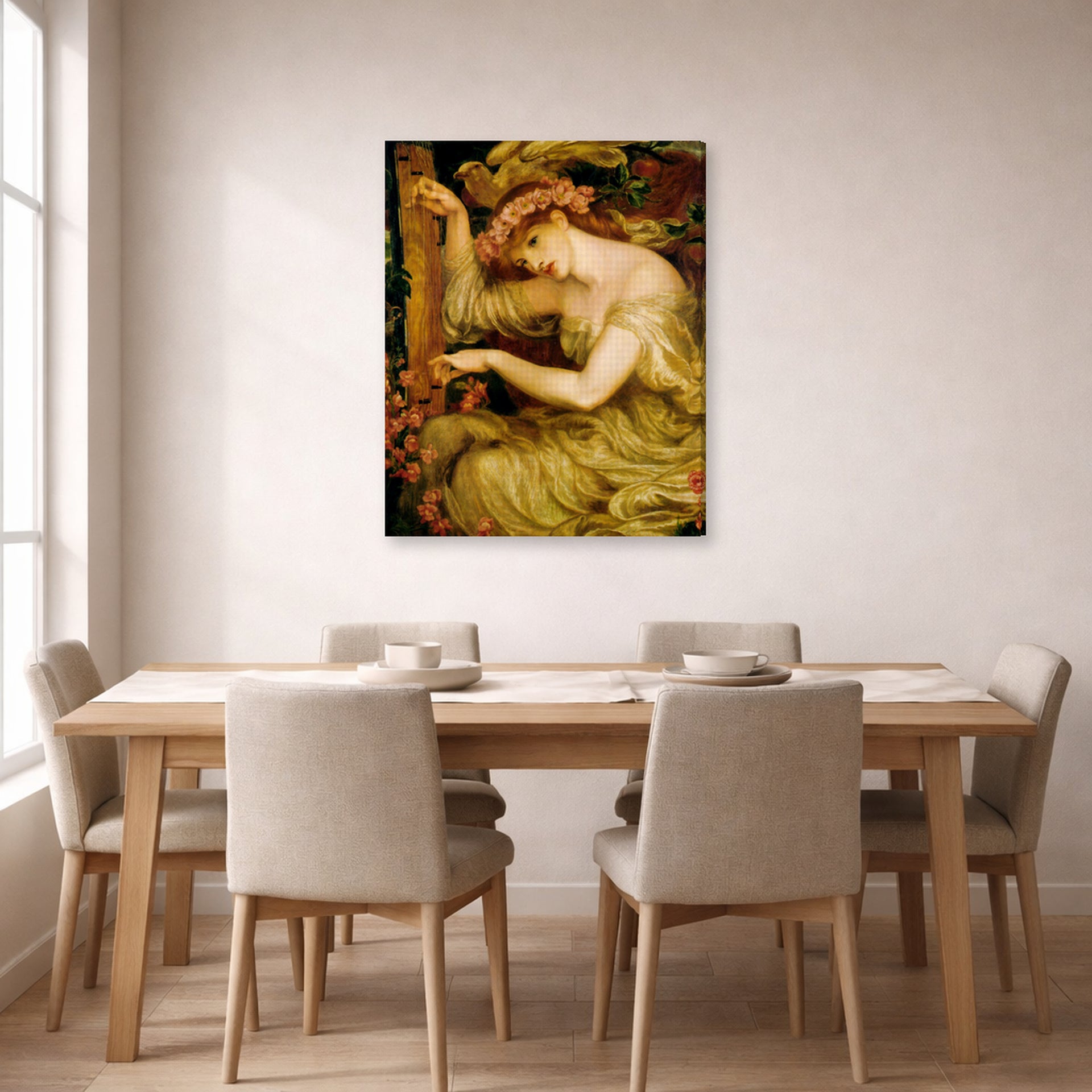 Gallery-wrapped canvas print of Dante Gabriel Rossetti's A Sea Spell displayed on a wall in a dining room