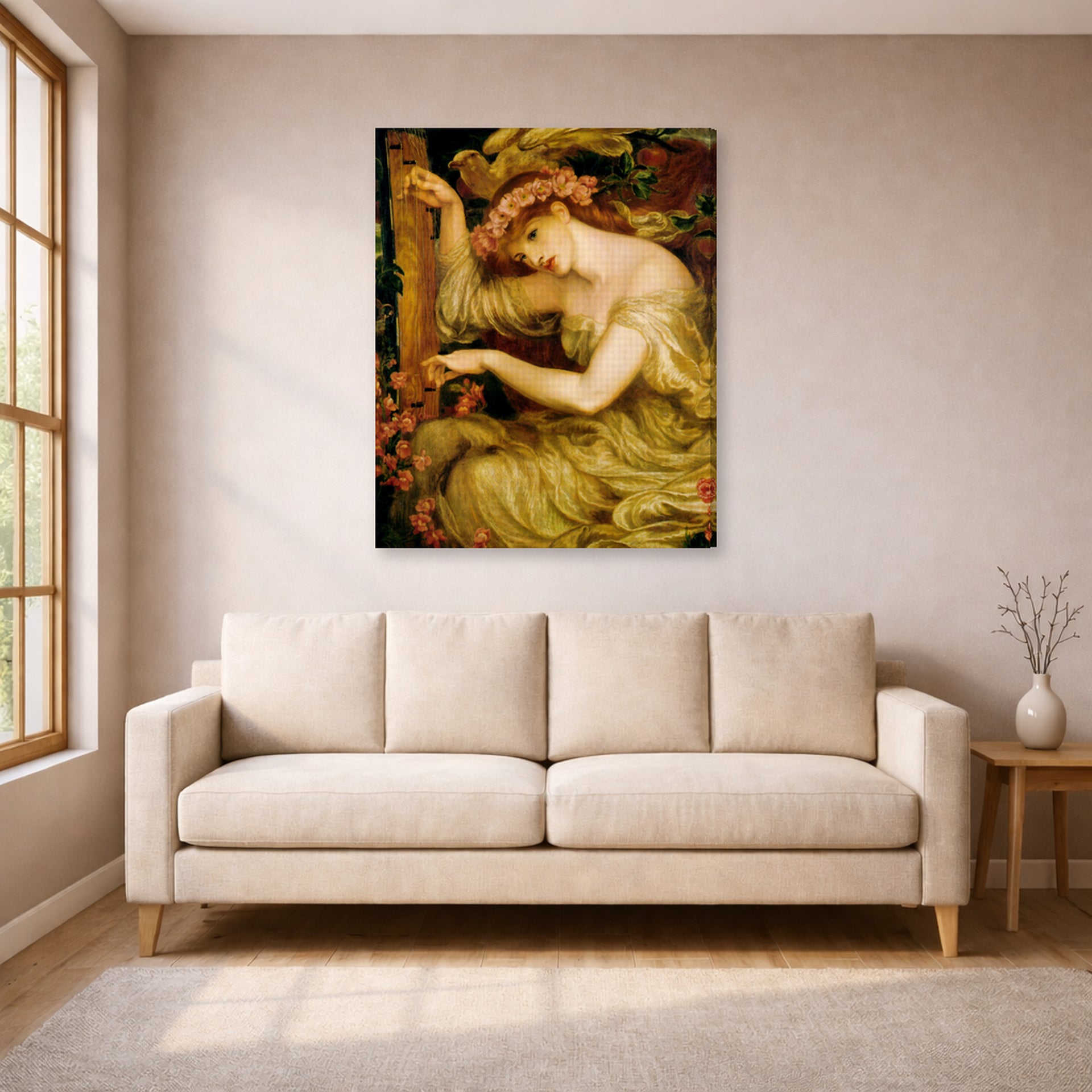 Gallery-wrapped canvas print of Dante Gabriel Rossetti's A Sea Spell displayed on a wall in a living room