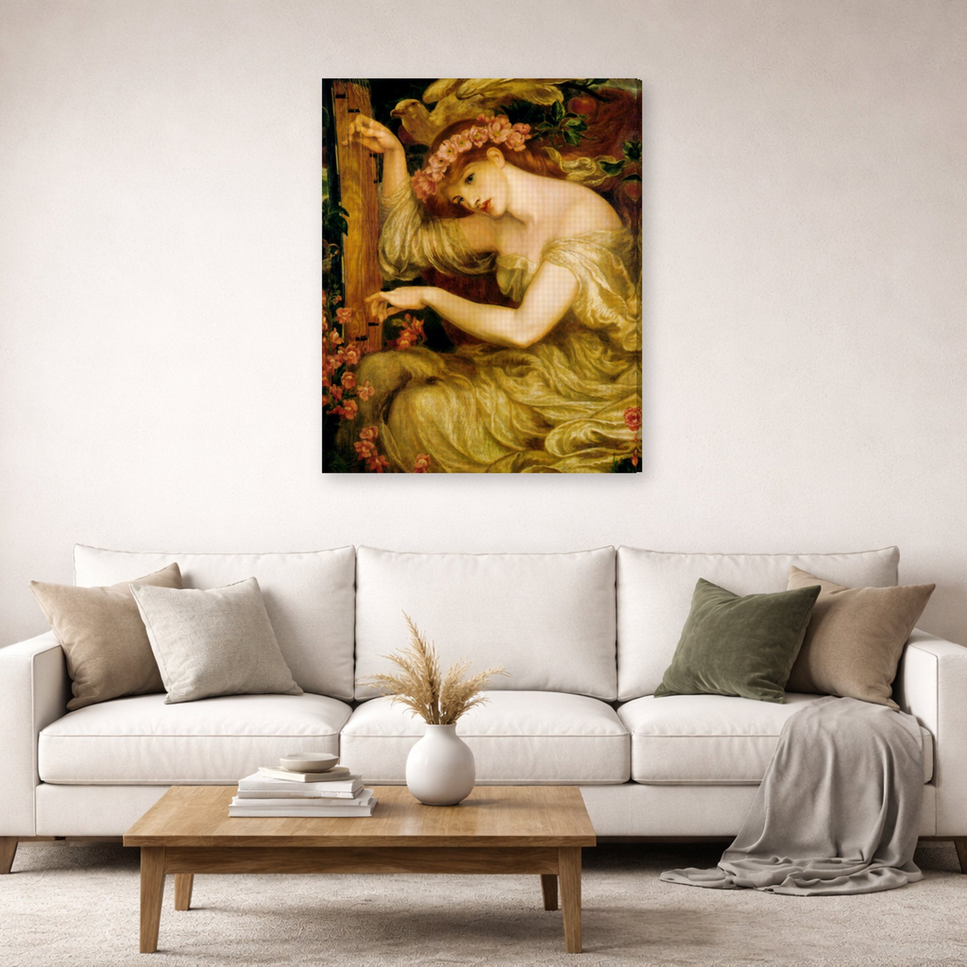 Gallery-wrapped canvas print of Dante Gabriel Rossetti's A Sea Spell displayed on a wall in a living room