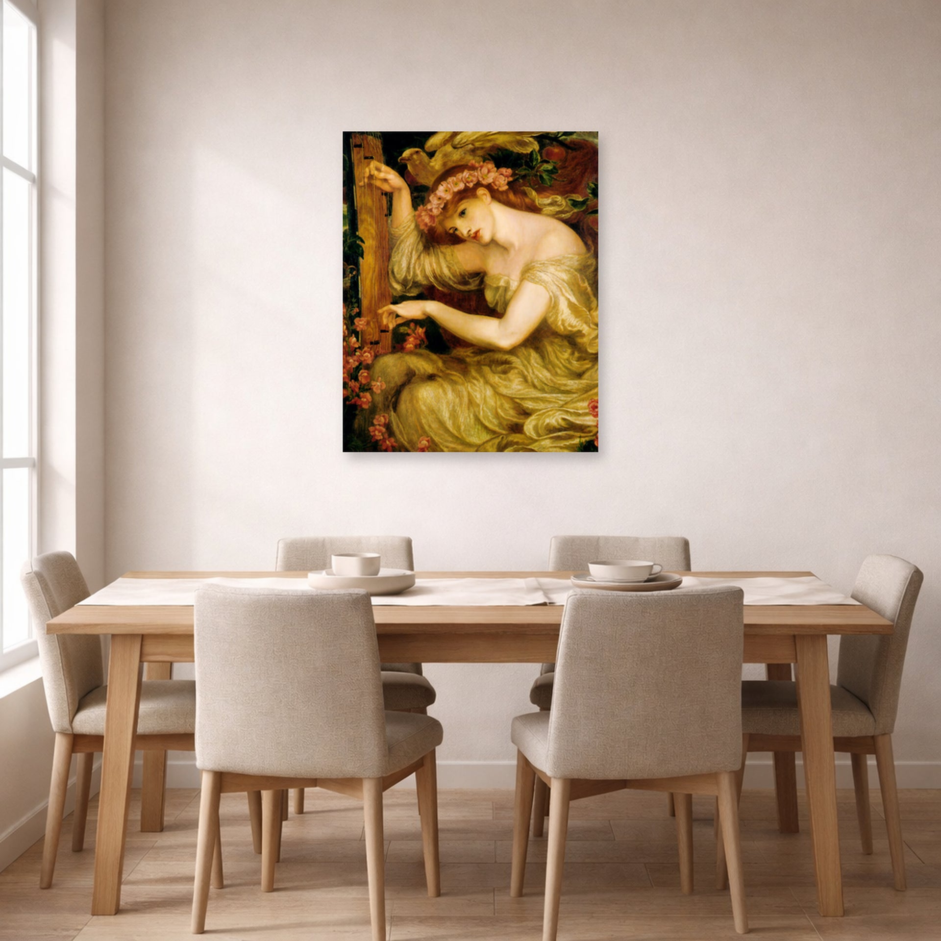 Unframed poster print of Dante Gabriel Rossetti's A Sea Spell displayed on a wall in a dining room