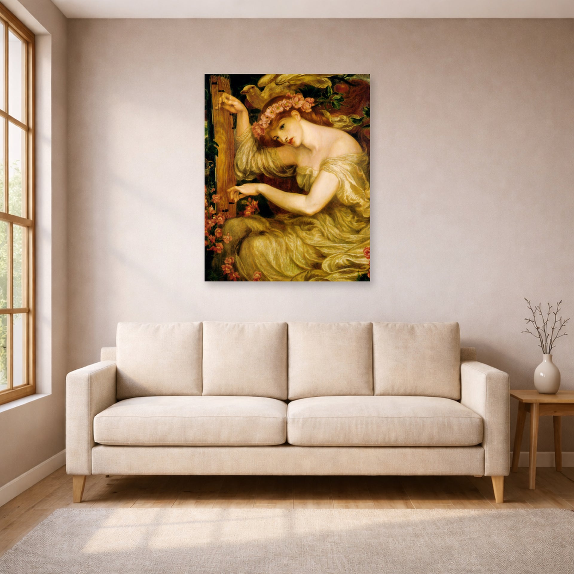 Unframed poster print of Dante Gabriel Rossetti's A Sea Spell displayed on a wall in a living room