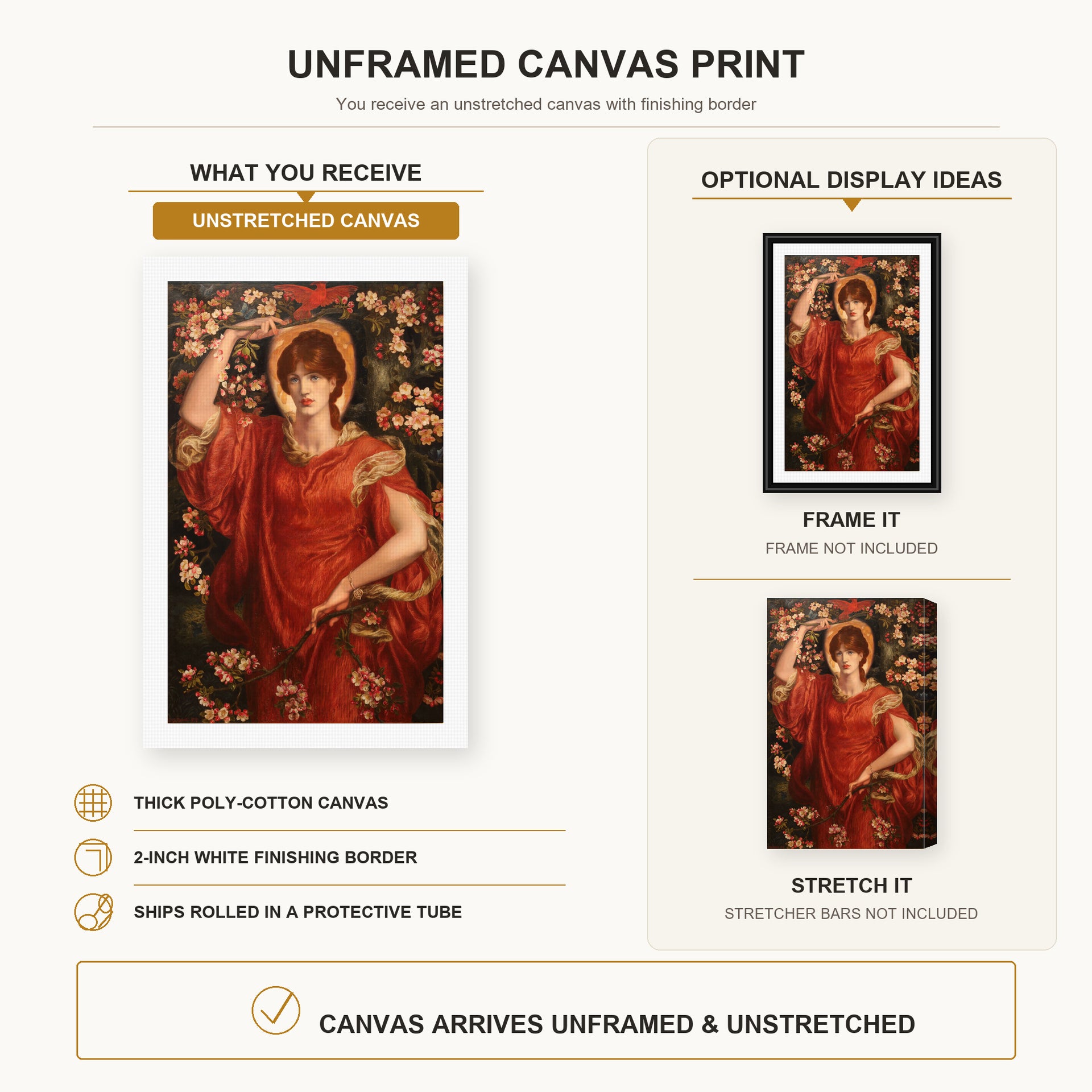 Dante Gabriel Rossetti - A Vision of Fiammetta canvas print size comparison and framing display infographic