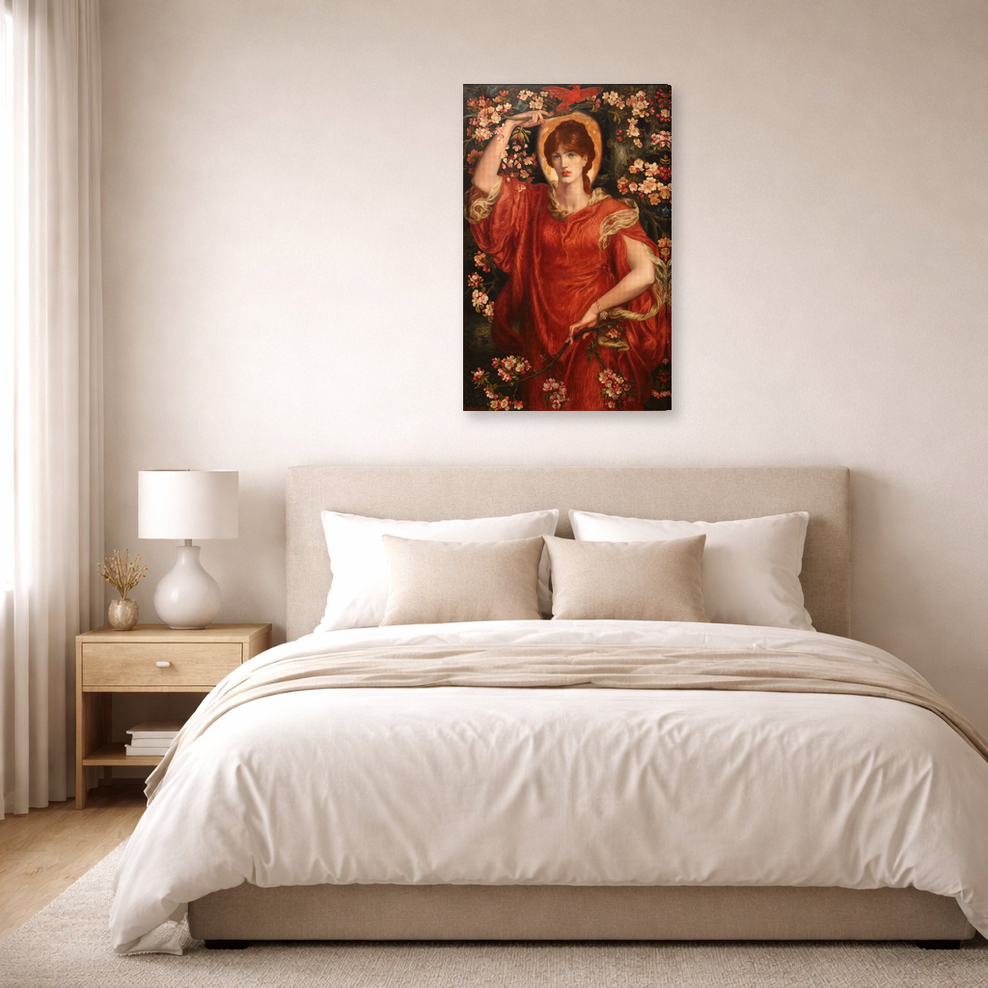 Gallery-wrapped canvas print of Dante Gabriel Rossetti's A Vision of Fiammetta displayed on a wall in a bedroom