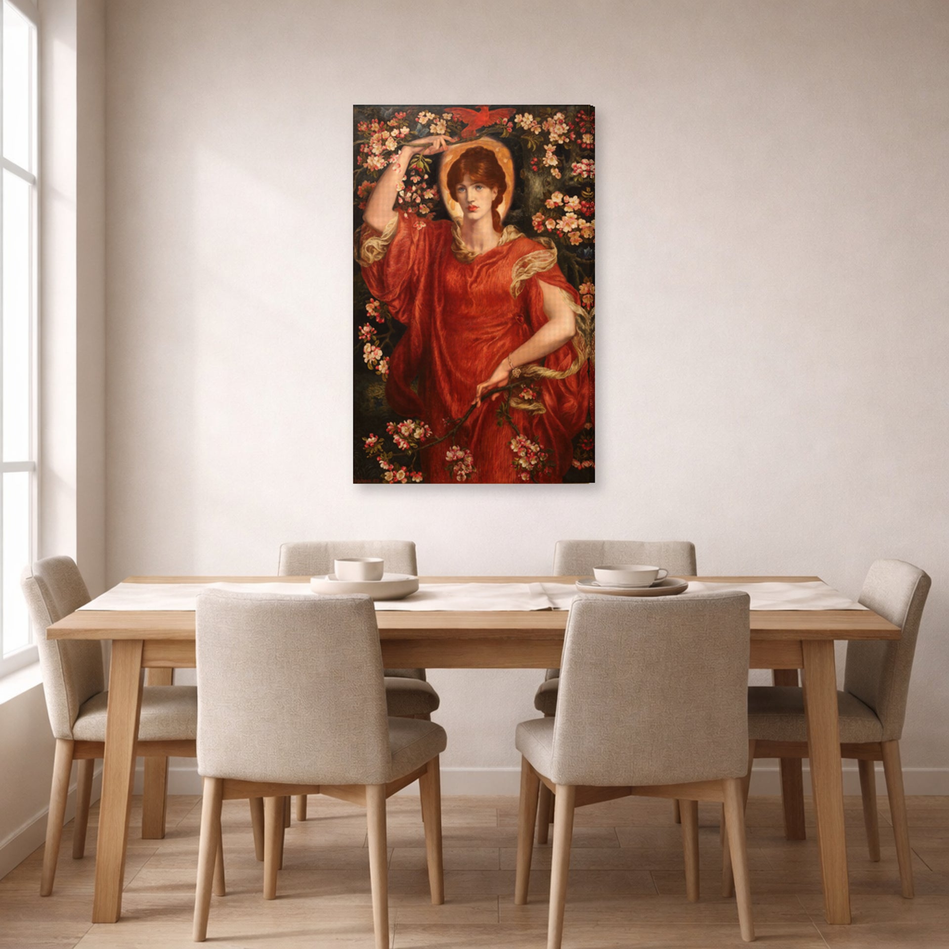 Gallery-wrapped canvas print of Dante Gabriel Rossetti's A Vision of Fiammetta displayed on a wall in a dining room
