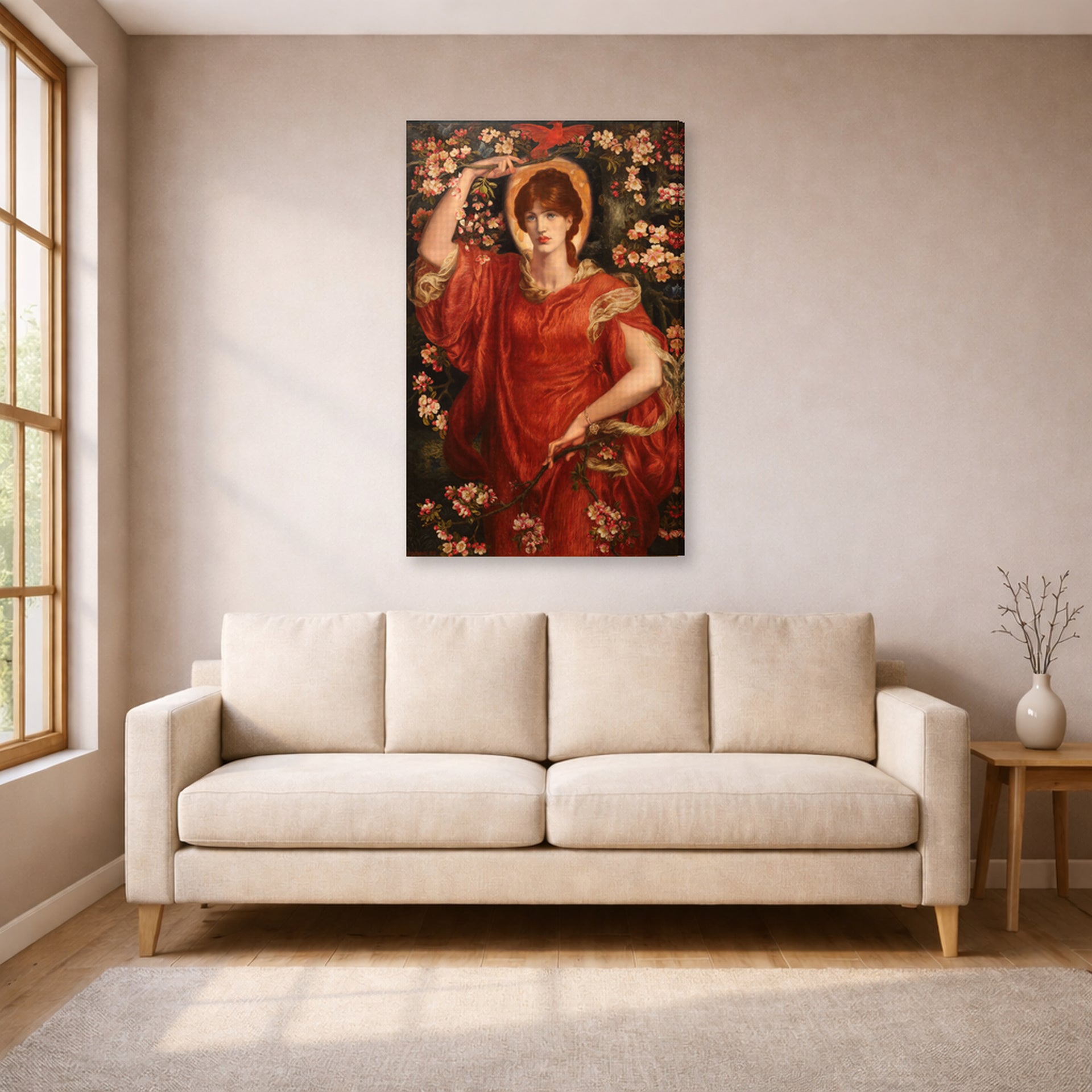 Gallery-wrapped canvas print of Dante Gabriel Rossetti's A Vision of Fiammetta displayed on a wall in a living room