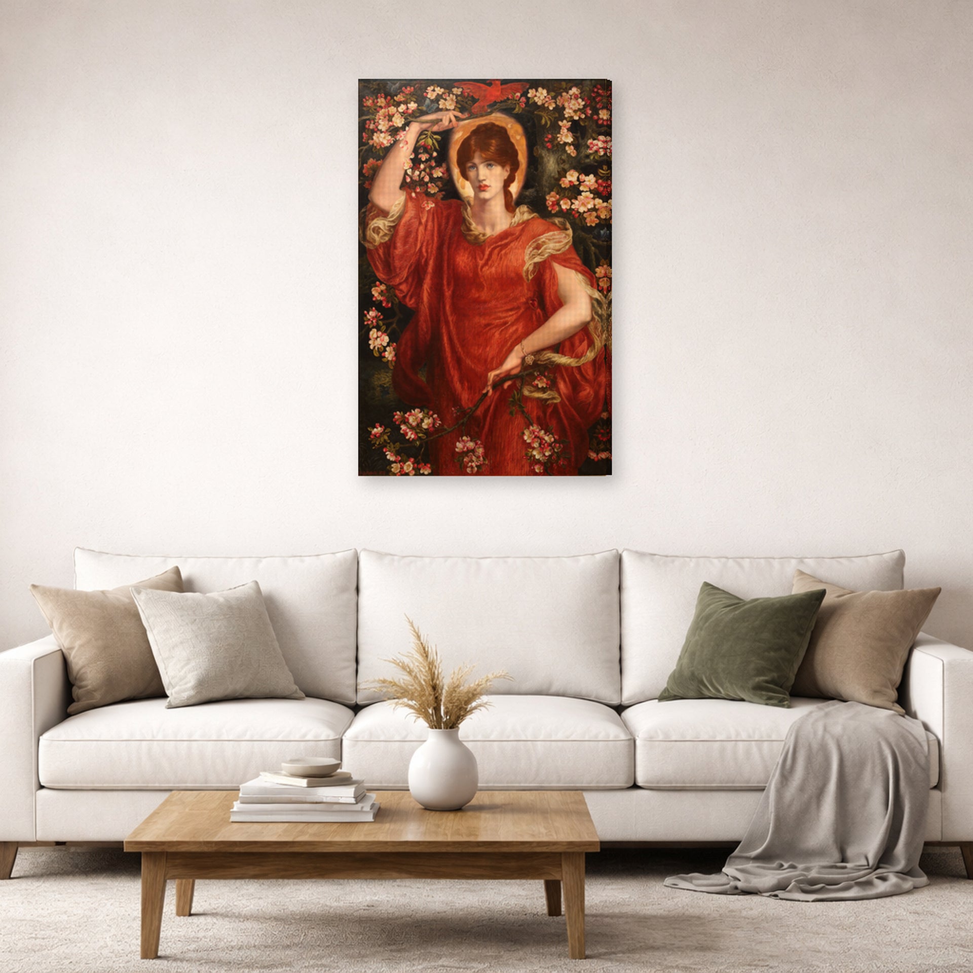 Gallery-wrapped canvas print of Dante Gabriel Rossetti's A Vision of Fiammetta displayed on a wall in a living room