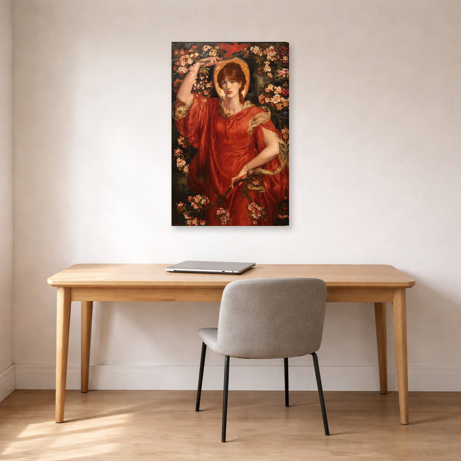 Gallery-wrapped canvas print of Dante Gabriel Rossetti's A Vision of Fiammetta displayed on a wall in a office
