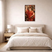 Unframed poster print of Dante Gabriel Rossetti's A Vision of Fiammetta displayed on a wall in a bedroom