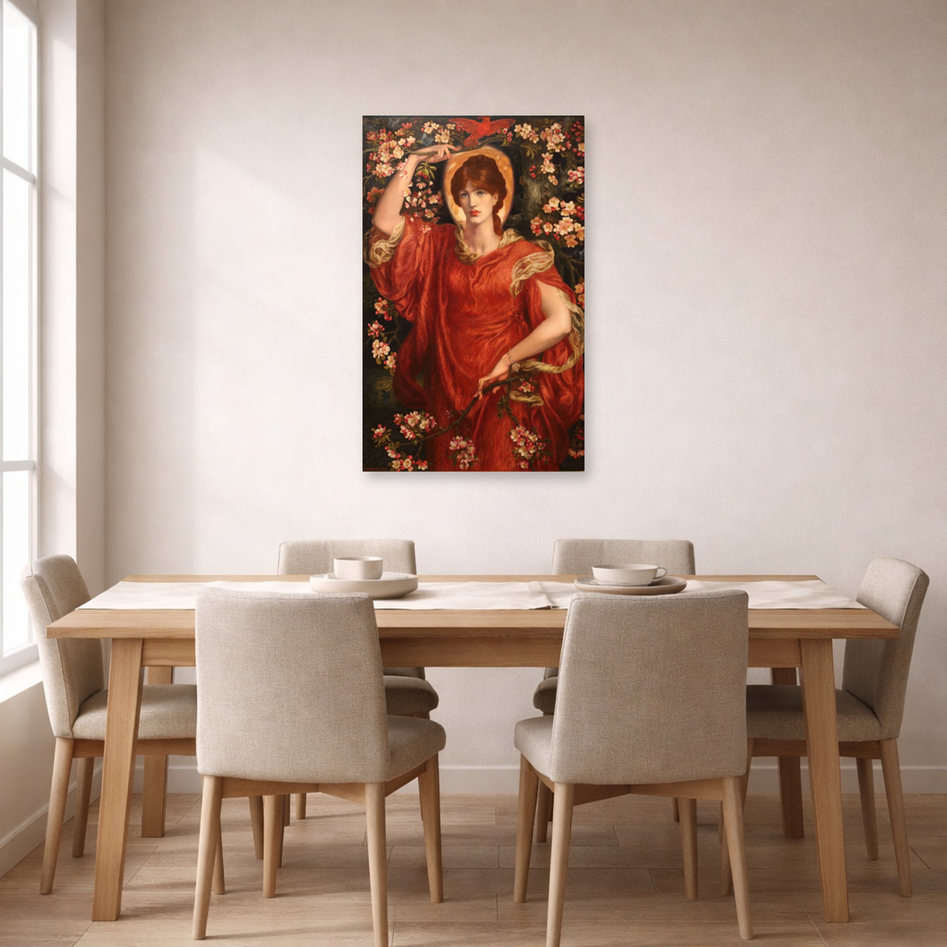 Unframed poster print of Dante Gabriel Rossetti's A Vision of Fiammetta displayed on a wall in a dining room