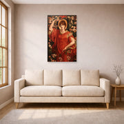 Unframed poster print of Dante Gabriel Rossetti's A Vision of Fiammetta displayed on a wall in a living room