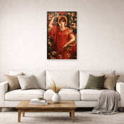 Unframed poster print of Dante Gabriel Rossetti's A Vision of Fiammetta displayed on a wall in a living room