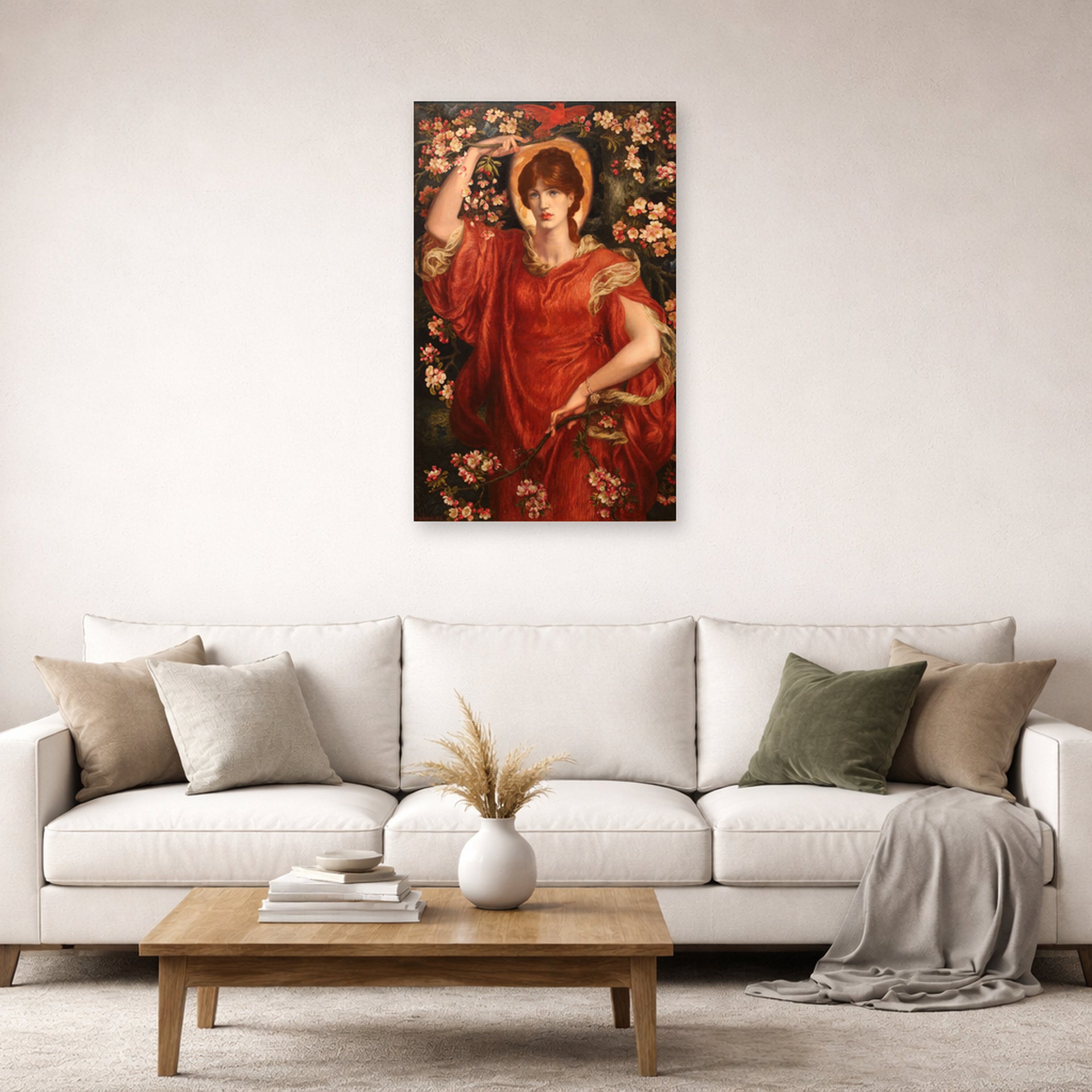 Unframed poster print of Dante Gabriel Rossetti's A Vision of Fiammetta displayed on a wall in a living room