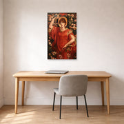 Unframed poster print of Dante Gabriel Rossetti's A Vision of Fiammetta displayed on a wall in a office
