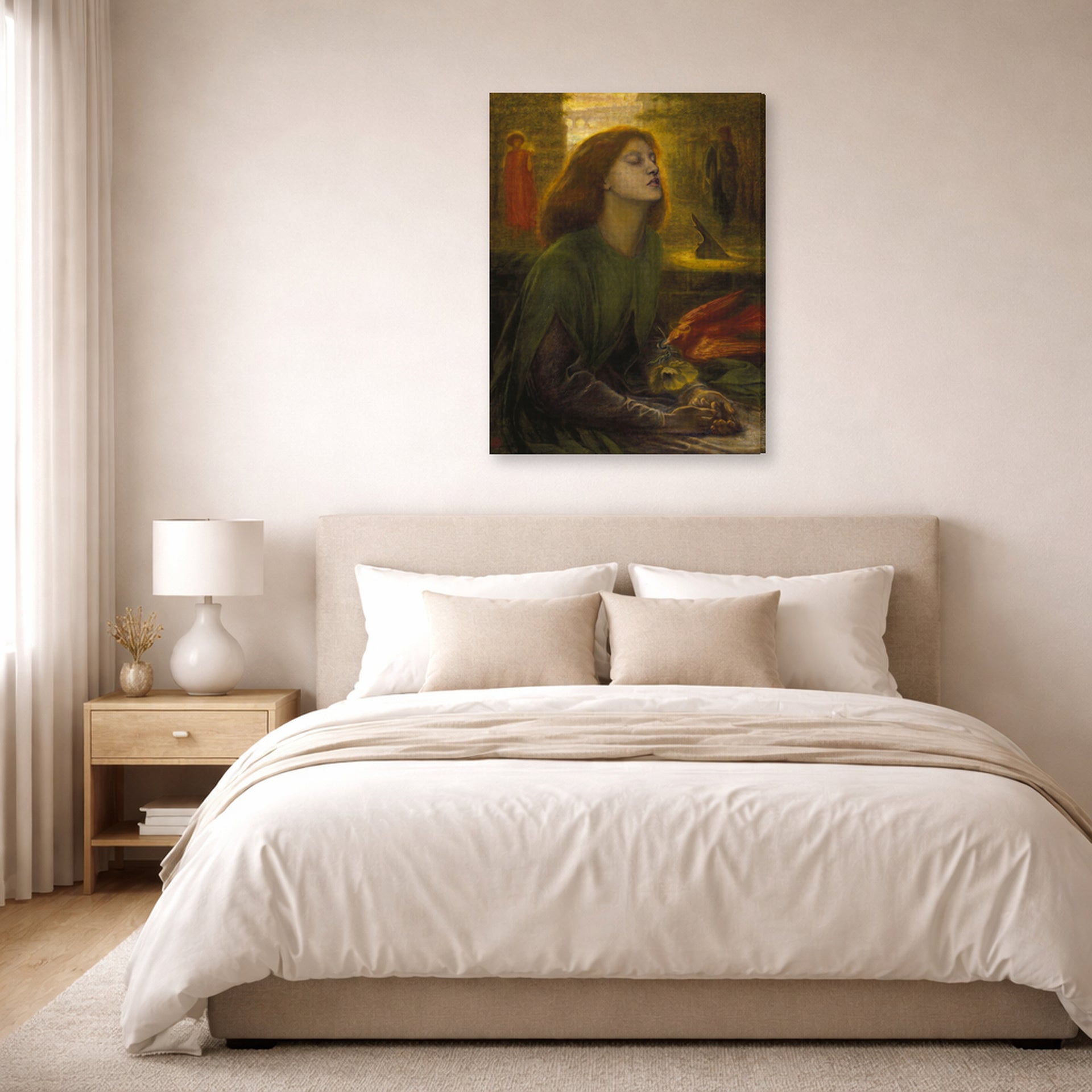 Gallery-wrapped canvas print of Dante Gabriel Rossetti's Beata Beatrix displayed on a wall in a bedroom
