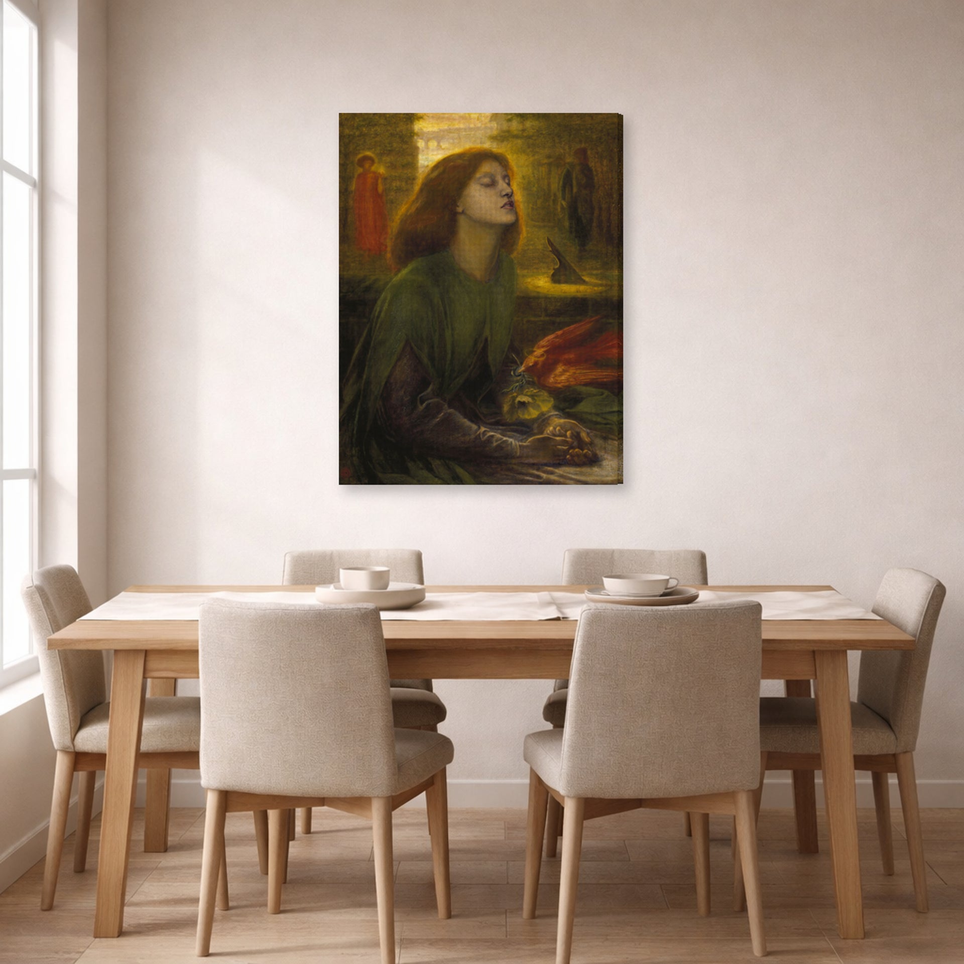 Gallery-wrapped canvas print of Dante Gabriel Rossetti's Beata Beatrix displayed on a wall in a dining room