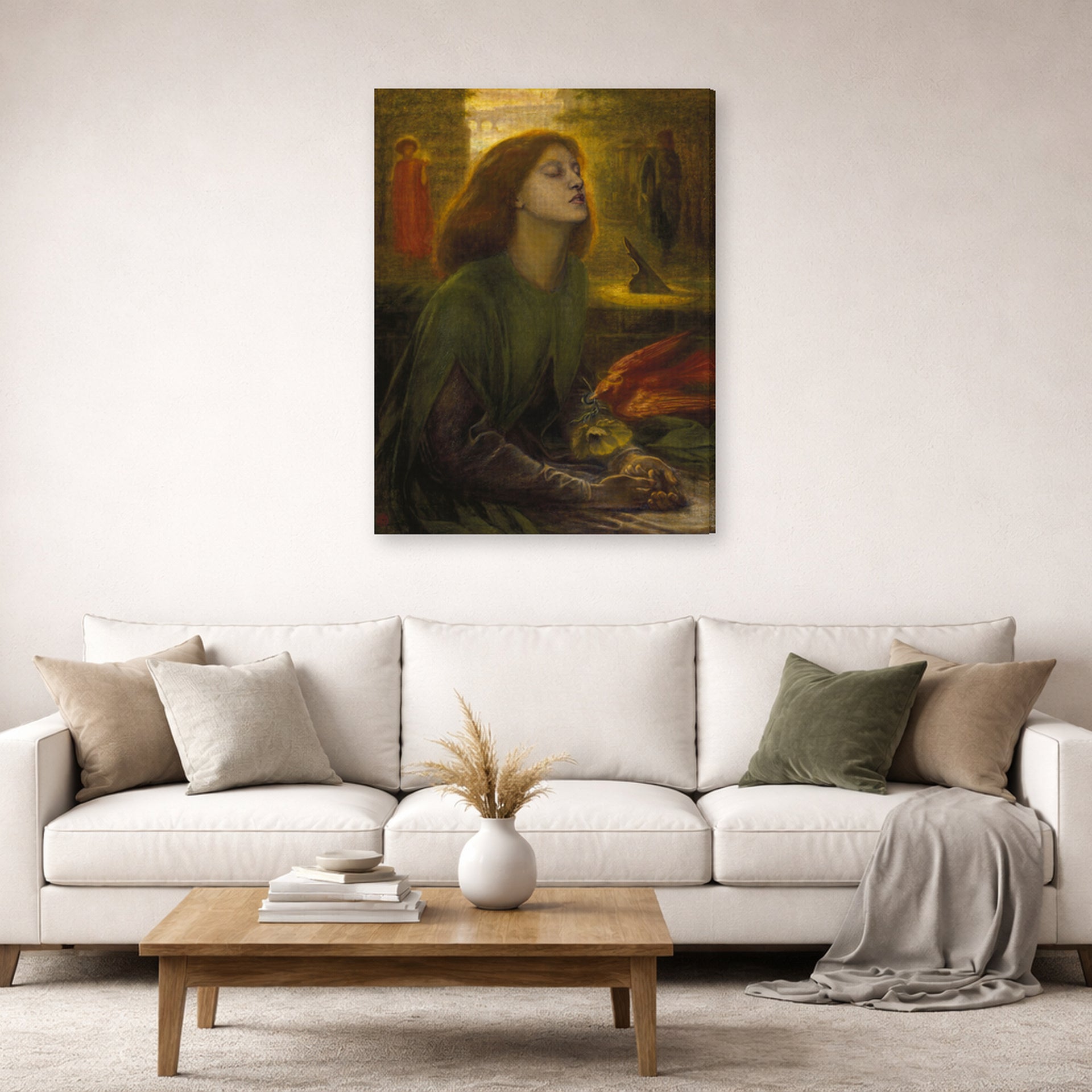 Gallery-wrapped canvas print of Dante Gabriel Rossetti's Beata Beatrix displayed on a wall in a living room