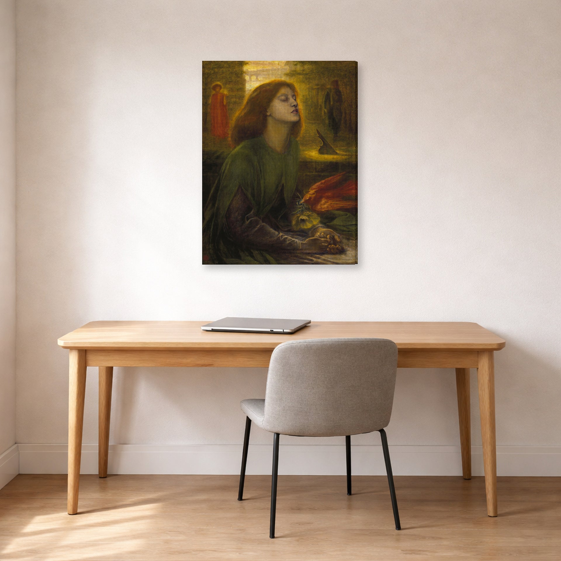 Gallery-wrapped canvas print of Dante Gabriel Rossetti's Beata Beatrix displayed on a wall in a office