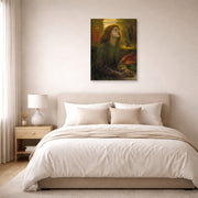 Unframed poster print of Dante Gabriel Rossetti's Beata Beatrix displayed on a wall in a bedroom
