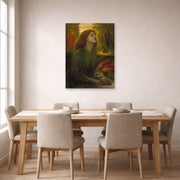 Unframed poster print of Dante Gabriel Rossetti's Beata Beatrix displayed on a wall in a dining room