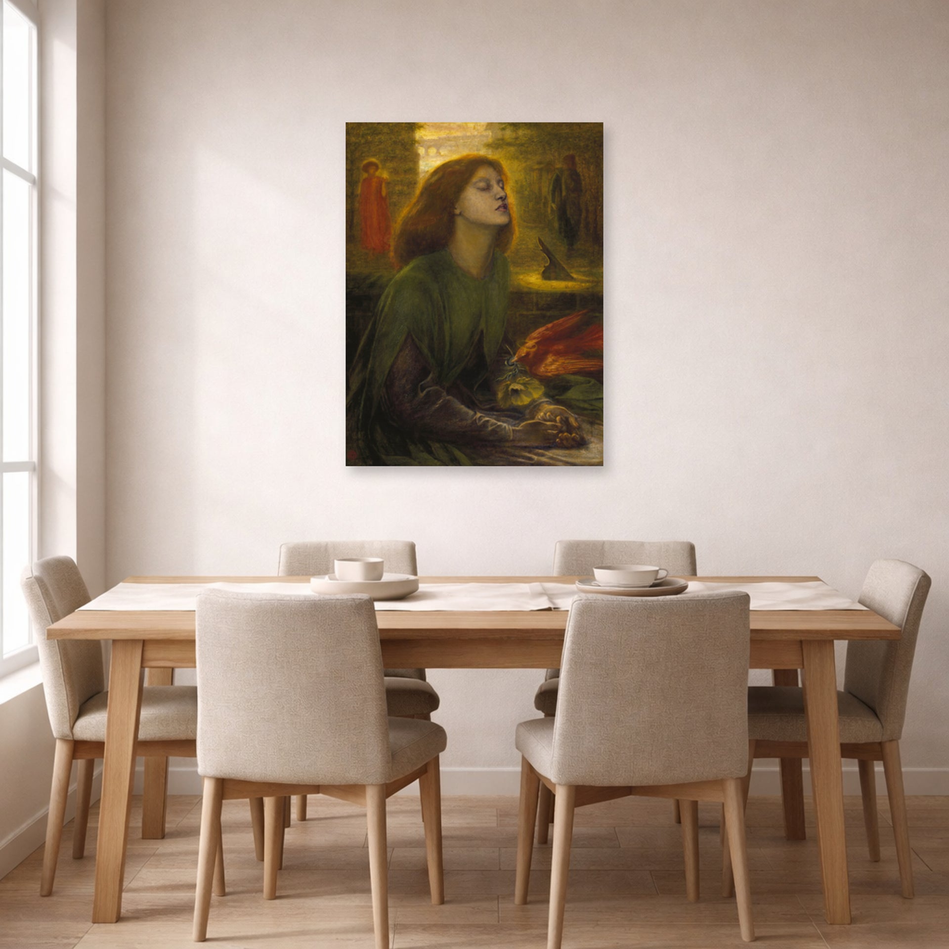 Unframed poster print of Dante Gabriel Rossetti's Beata Beatrix displayed on a wall in a dining room