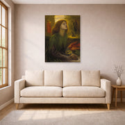 Unframed poster print of Dante Gabriel Rossetti's Beata Beatrix displayed on a wall in a living room