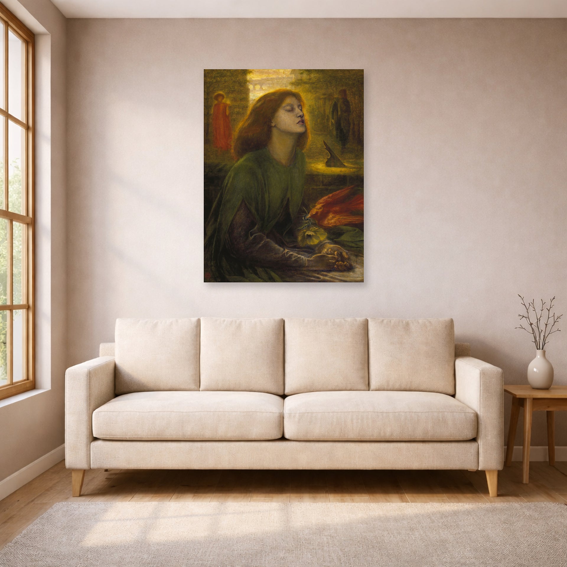 Unframed poster print of Dante Gabriel Rossetti's Beata Beatrix displayed on a wall in a living room