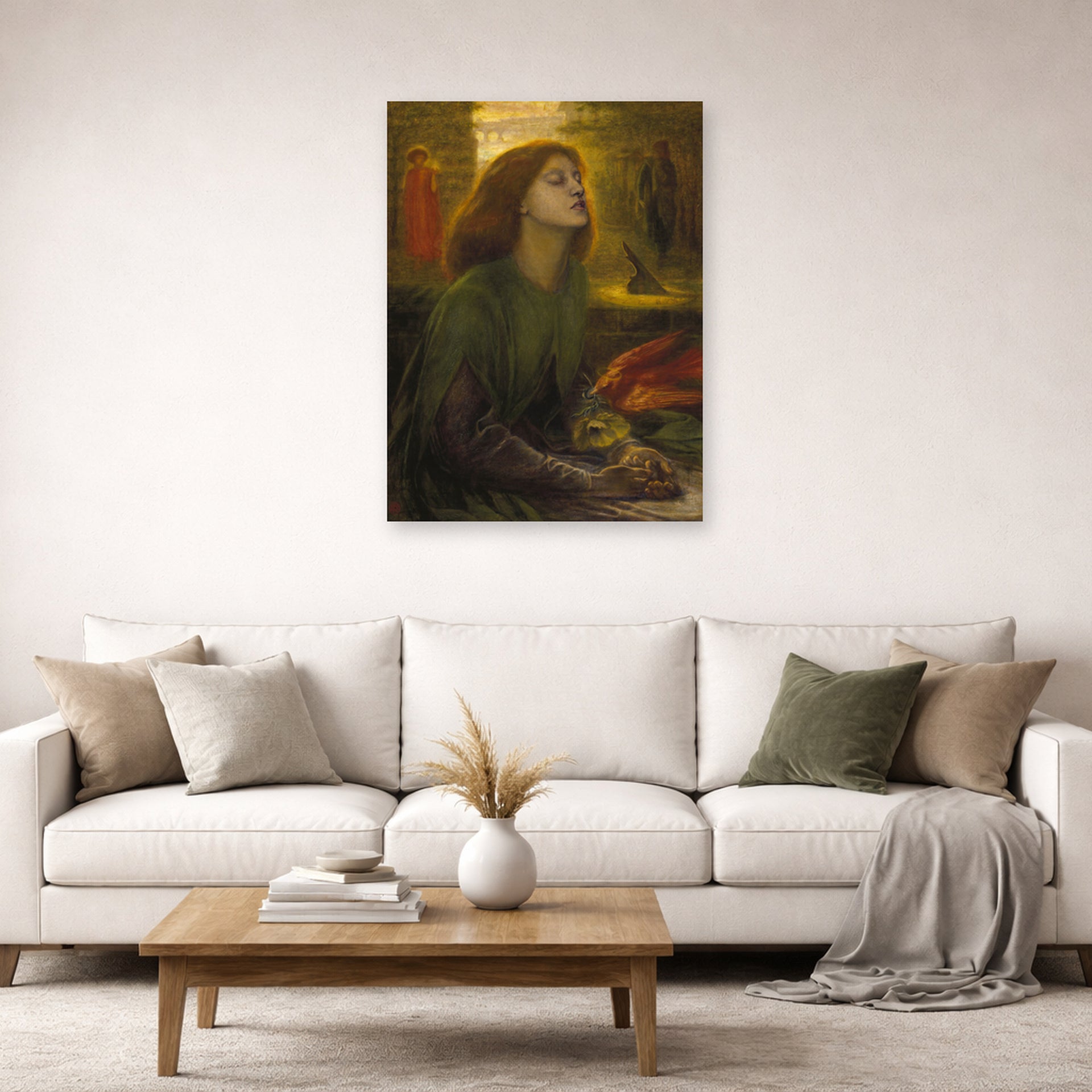 Unframed poster print of Dante Gabriel Rossetti's Beata Beatrix displayed on a wall in a living room