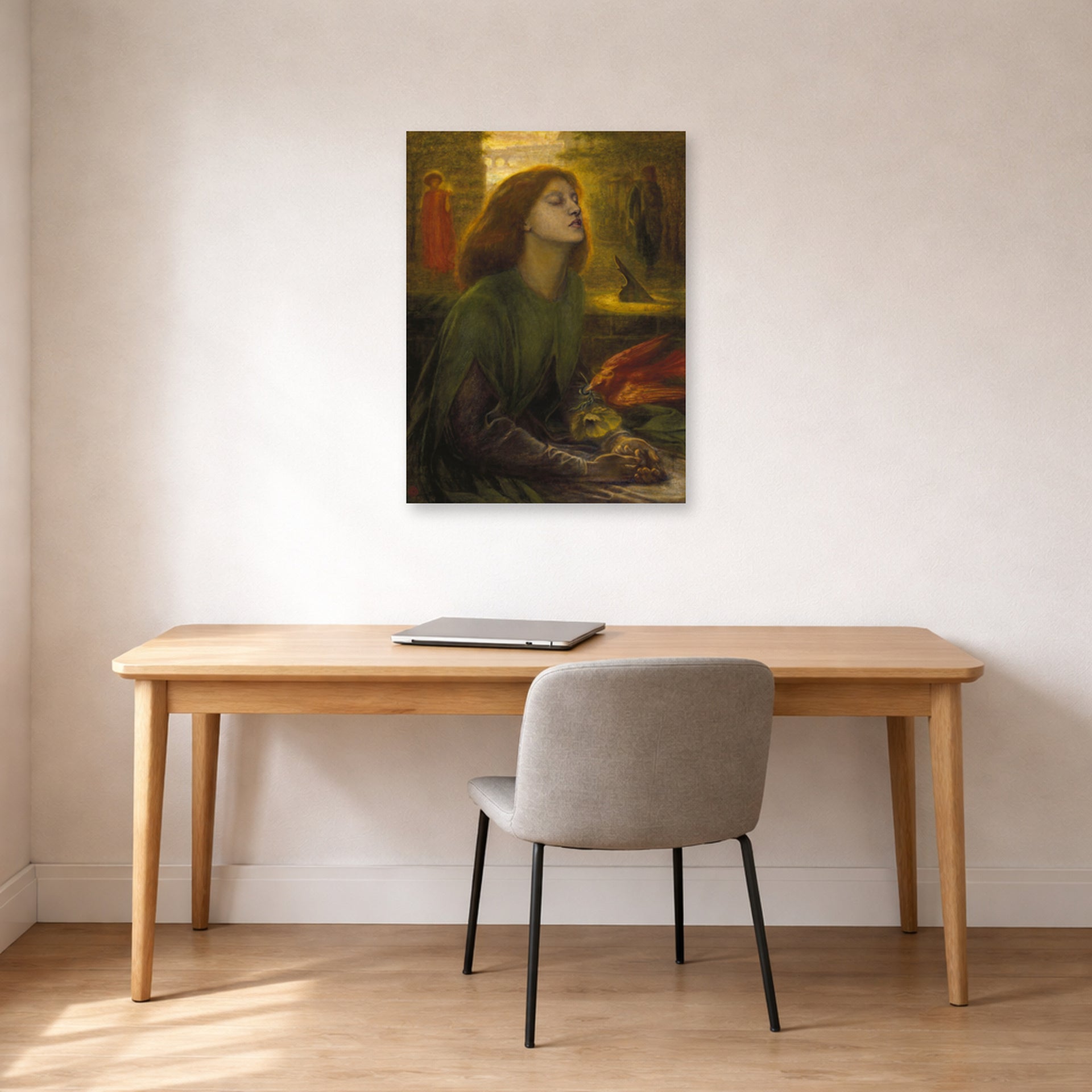 Unframed poster print of Dante Gabriel Rossetti's Beata Beatrix displayed on a wall in a office