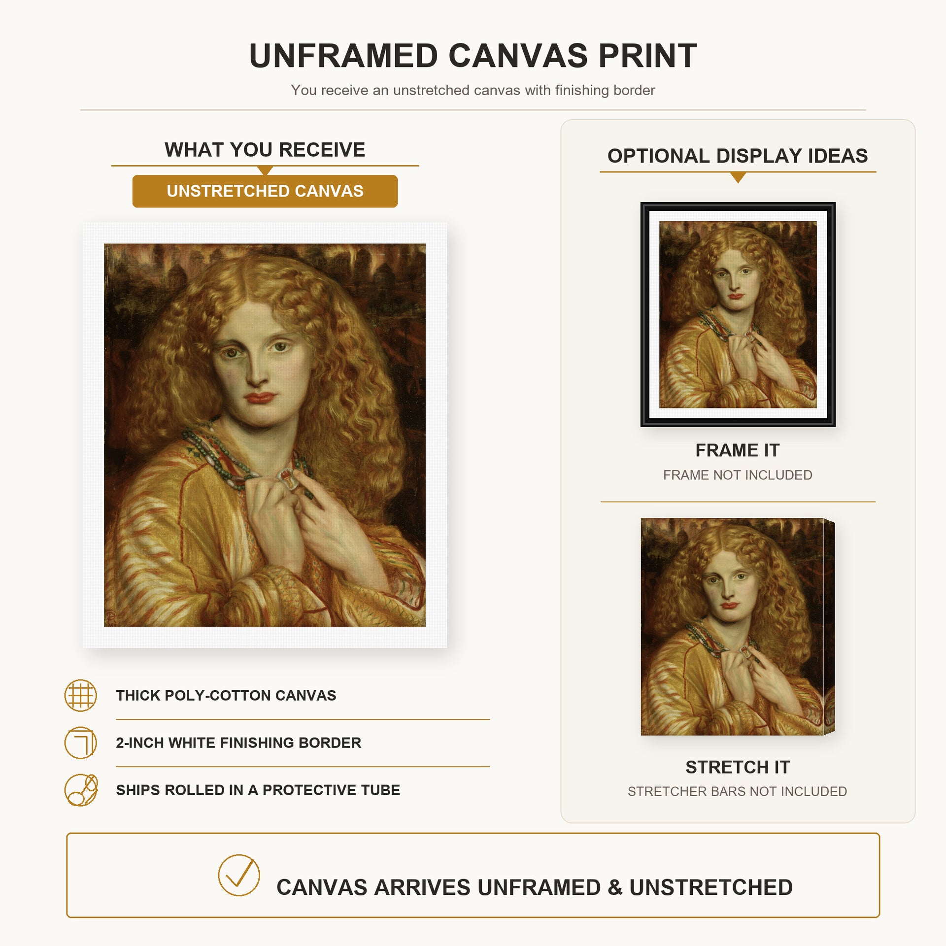Dante Gabriel Rossetti - Helen of troy canvas print size comparison and framing display infographic