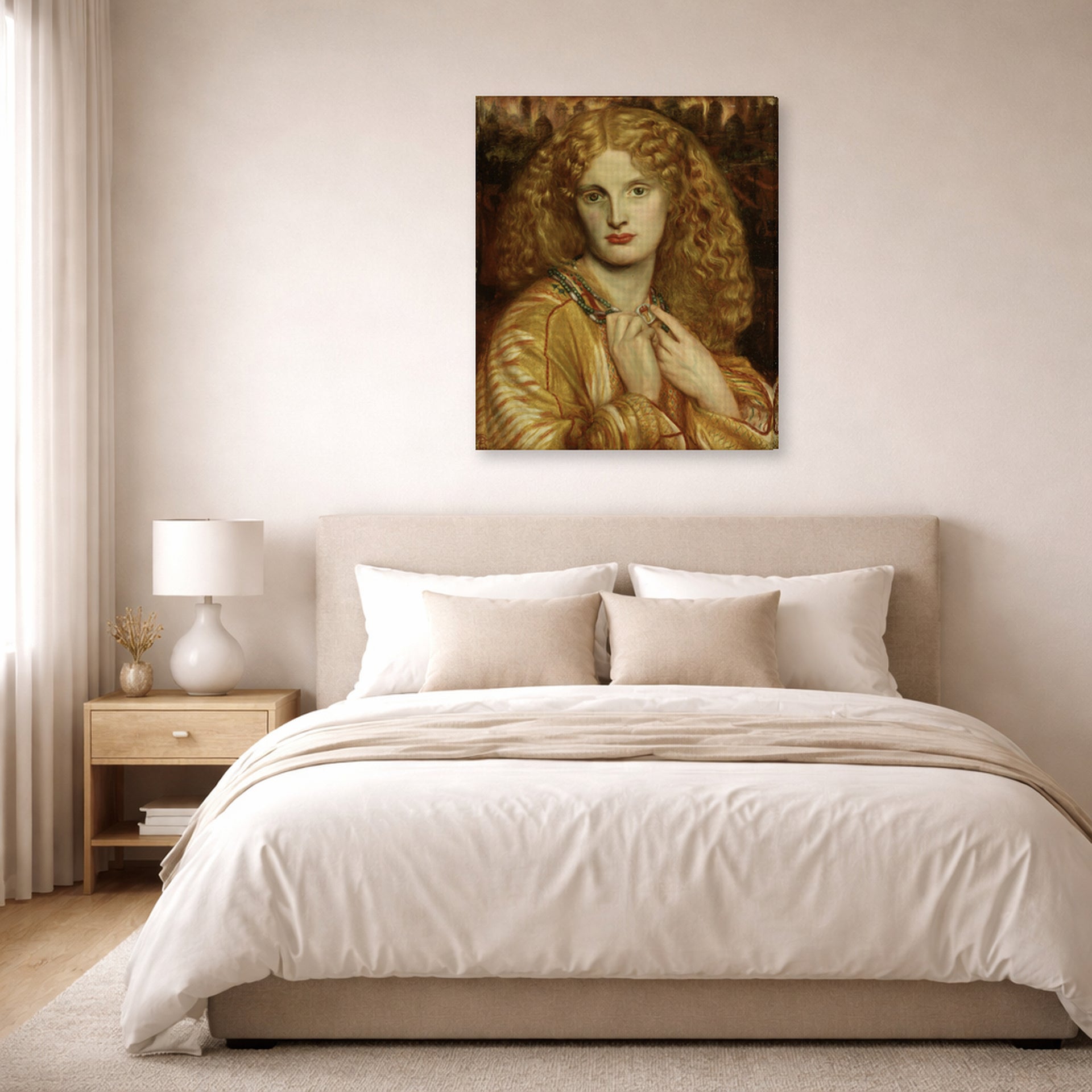 Gallery-wrapped canvas print of Dante Gabriel Rossetti's Helen of troy displayed on a wall in a bedroom