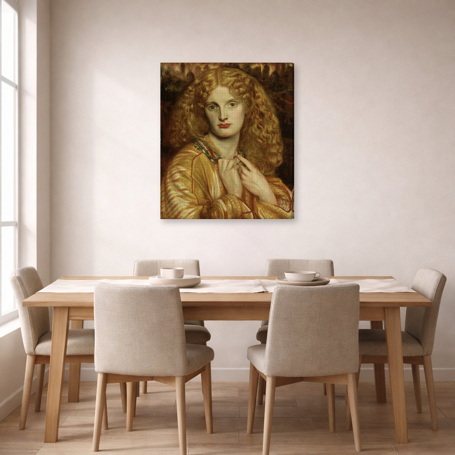 Gallery-wrapped canvas print of Dante Gabriel Rossetti's Helen of troy displayed on a wall in a dining room