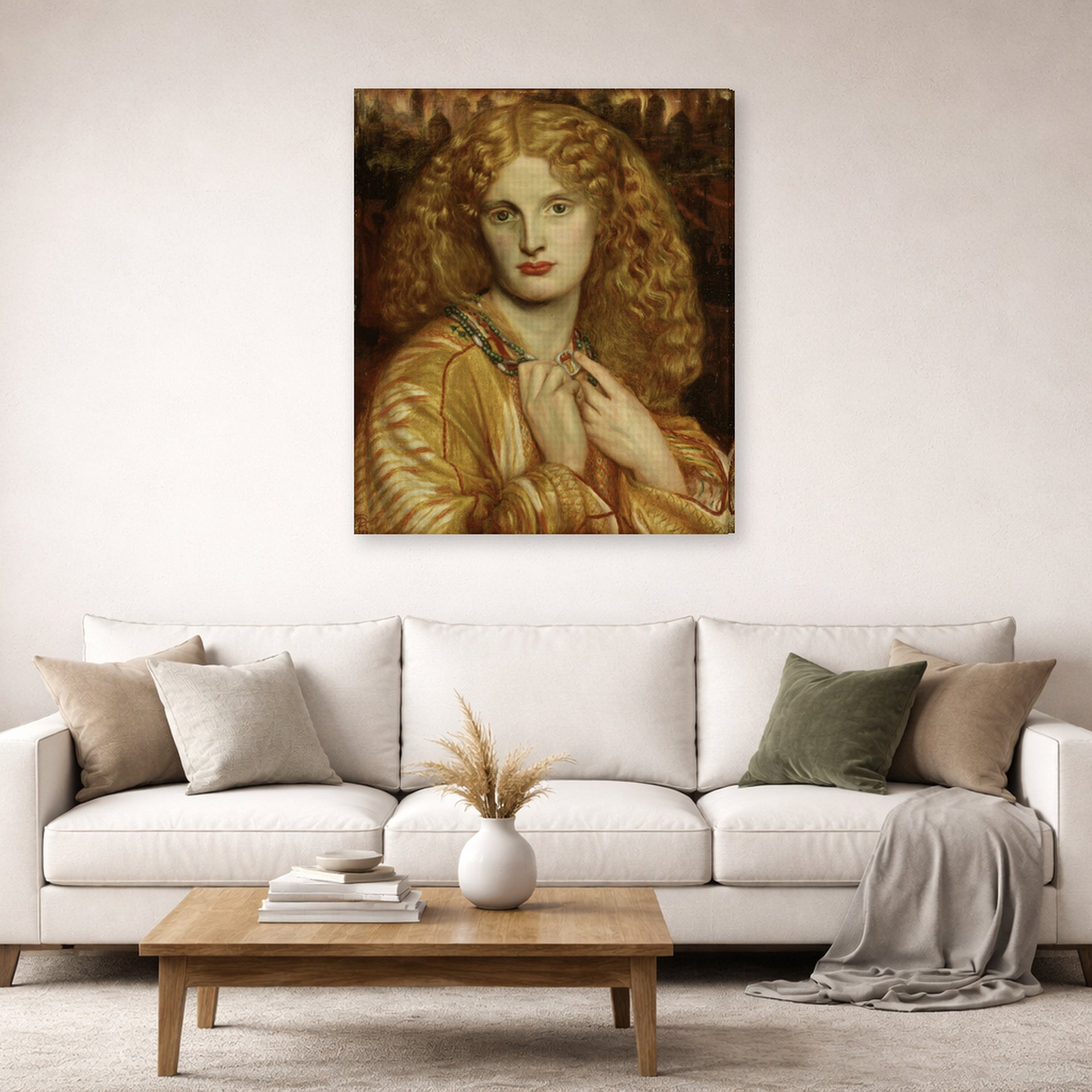 Gallery-wrapped canvas print of Dante Gabriel Rossetti's Helen of troy displayed on a wall in a living room