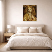 Unframed poster print of Dante Gabriel Rossetti's Helen of troy displayed on a wall in a bedroom