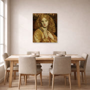 Unframed poster print of Dante Gabriel Rossetti's Helen of troy displayed on a wall in a dining room