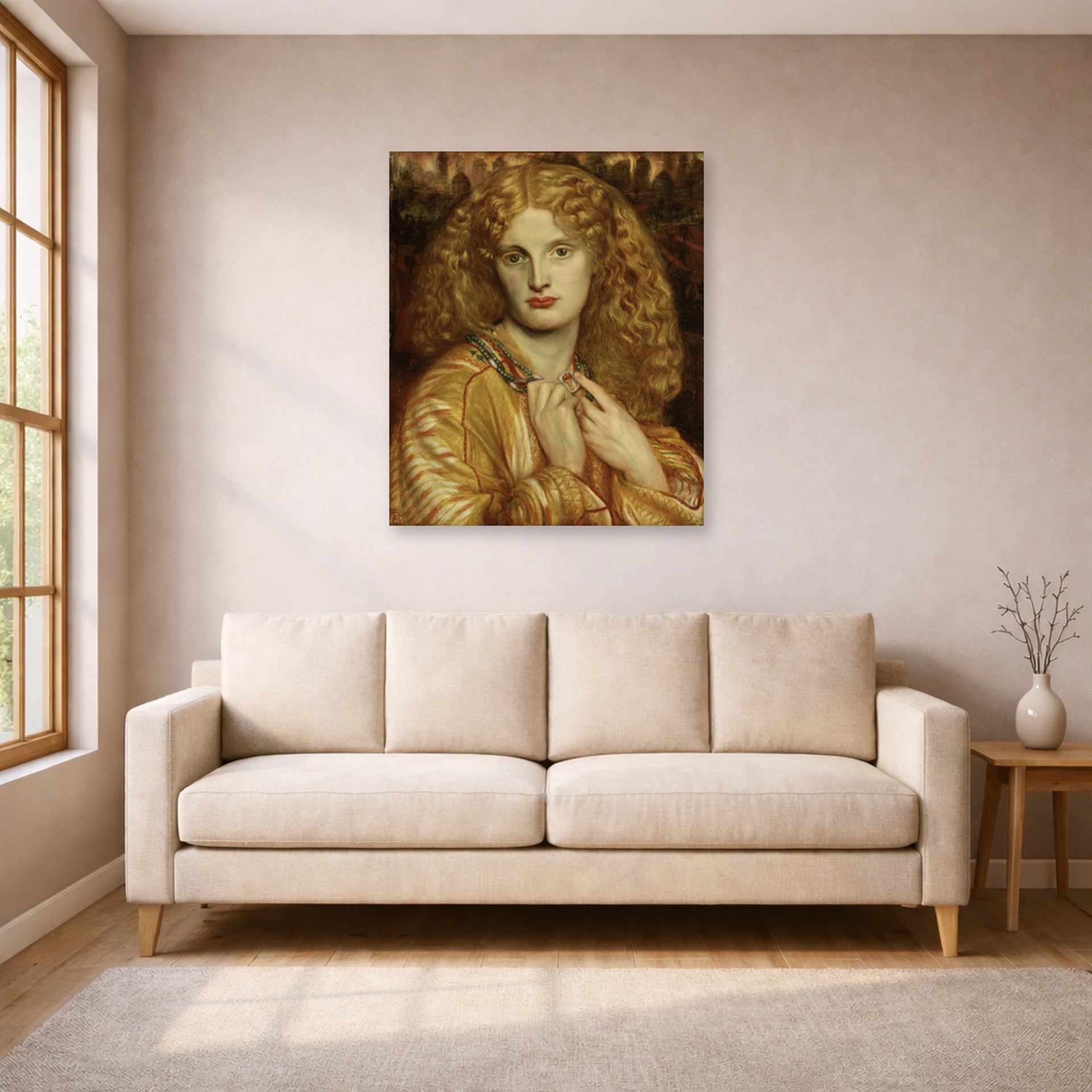 Unframed poster print of Dante Gabriel Rossetti's Helen of troy displayed on a wall in a living room