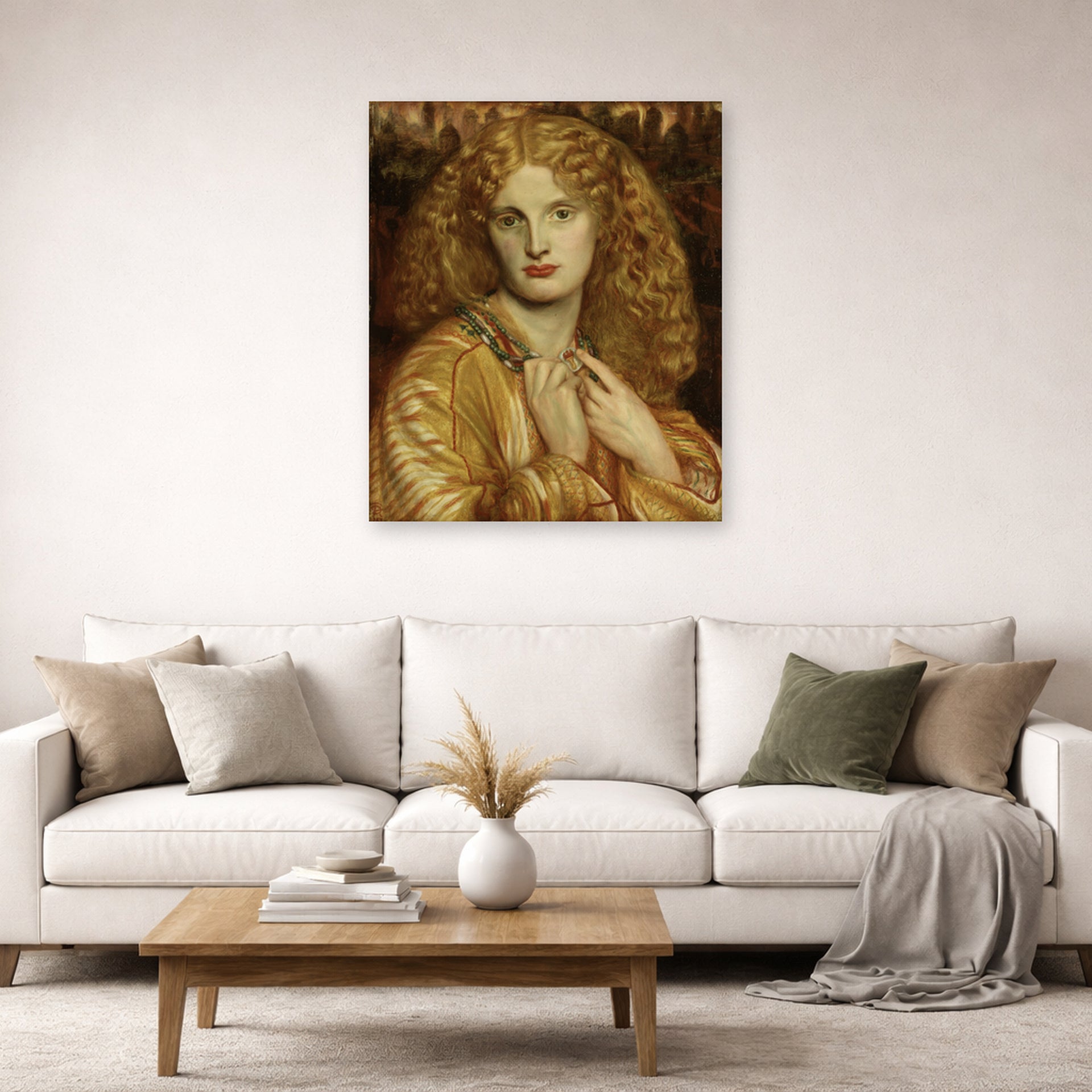Unframed poster print of Dante Gabriel Rossetti's Helen of troy displayed on a wall in a living room