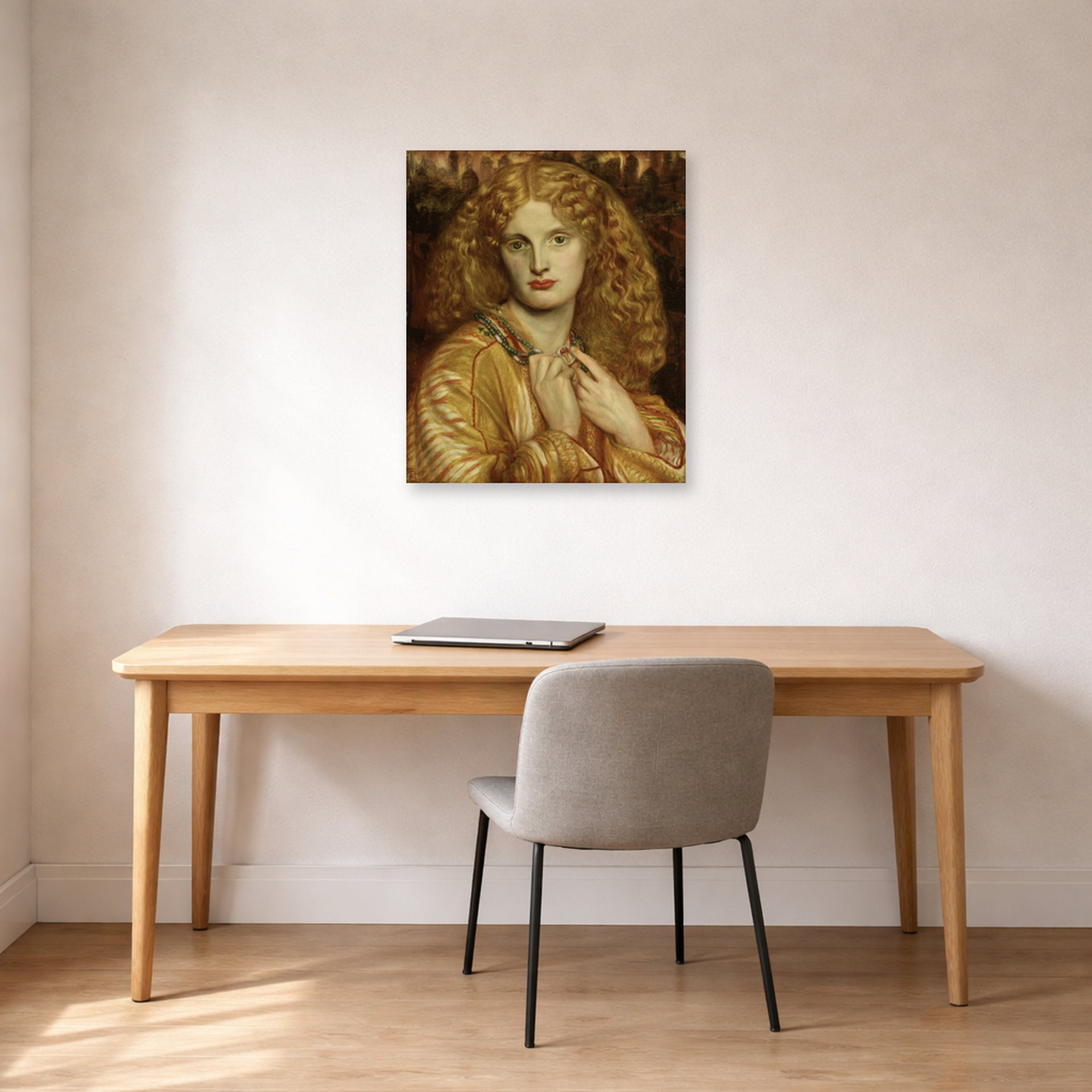 Unframed poster print of Dante Gabriel Rossetti's Helen of troy displayed on a wall in a office