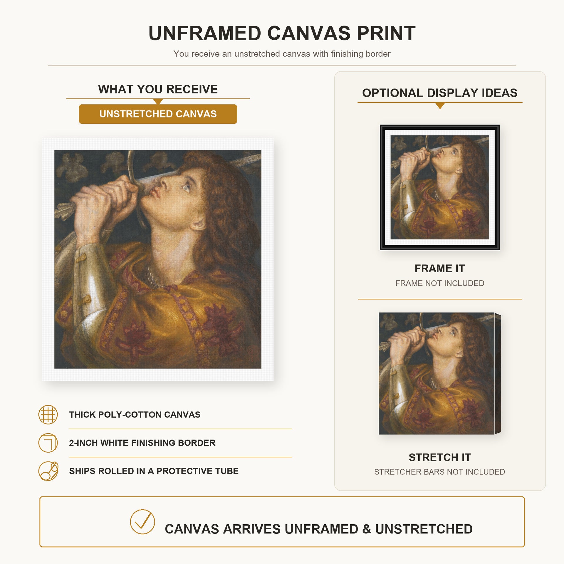 Dante Gabriel Rossetti - Joan of Arc canvas print size comparison and framing display infographic