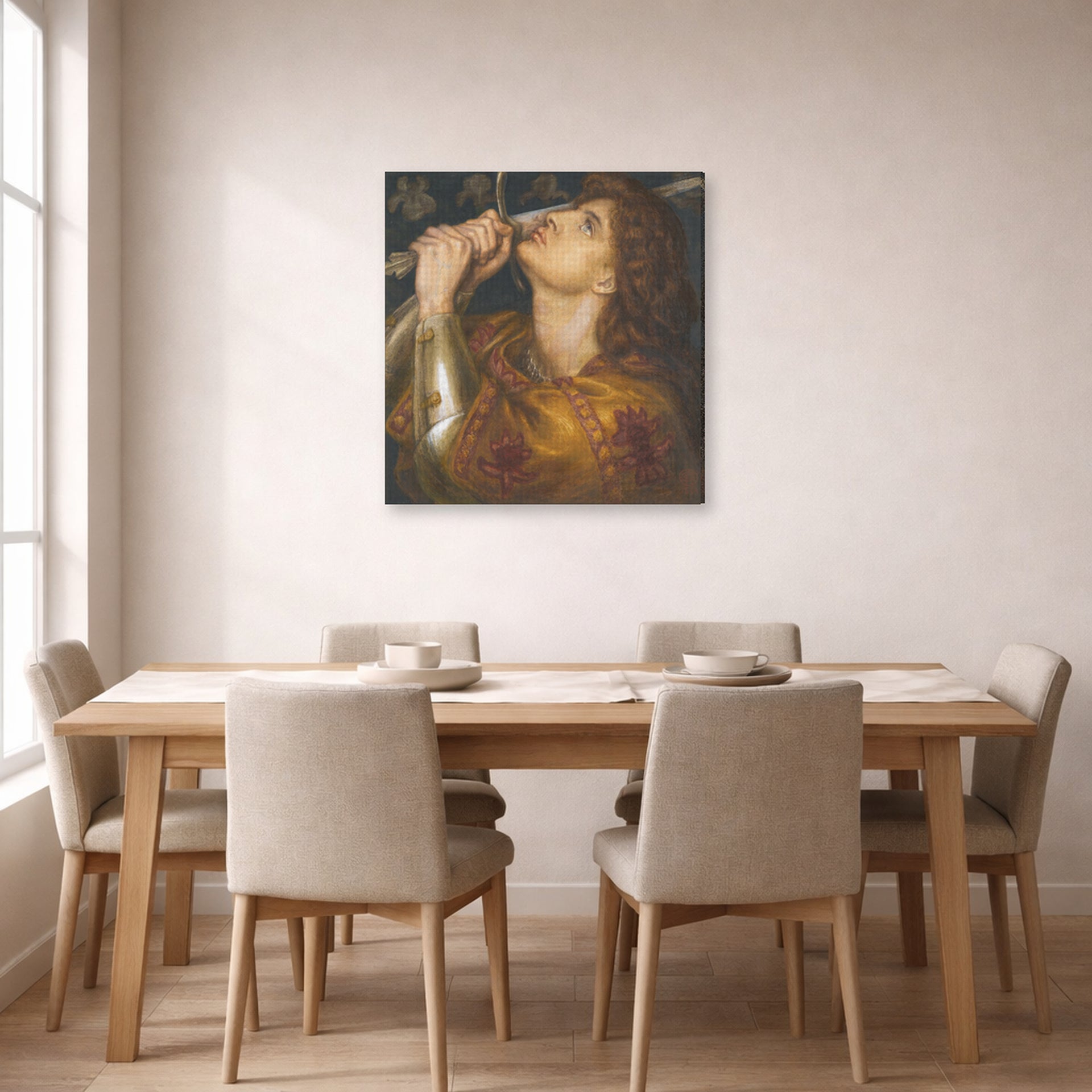 Gallery-wrapped canvas print of Dante Gabriel Rossetti's Joan of Arc displayed on a wall in a dining room