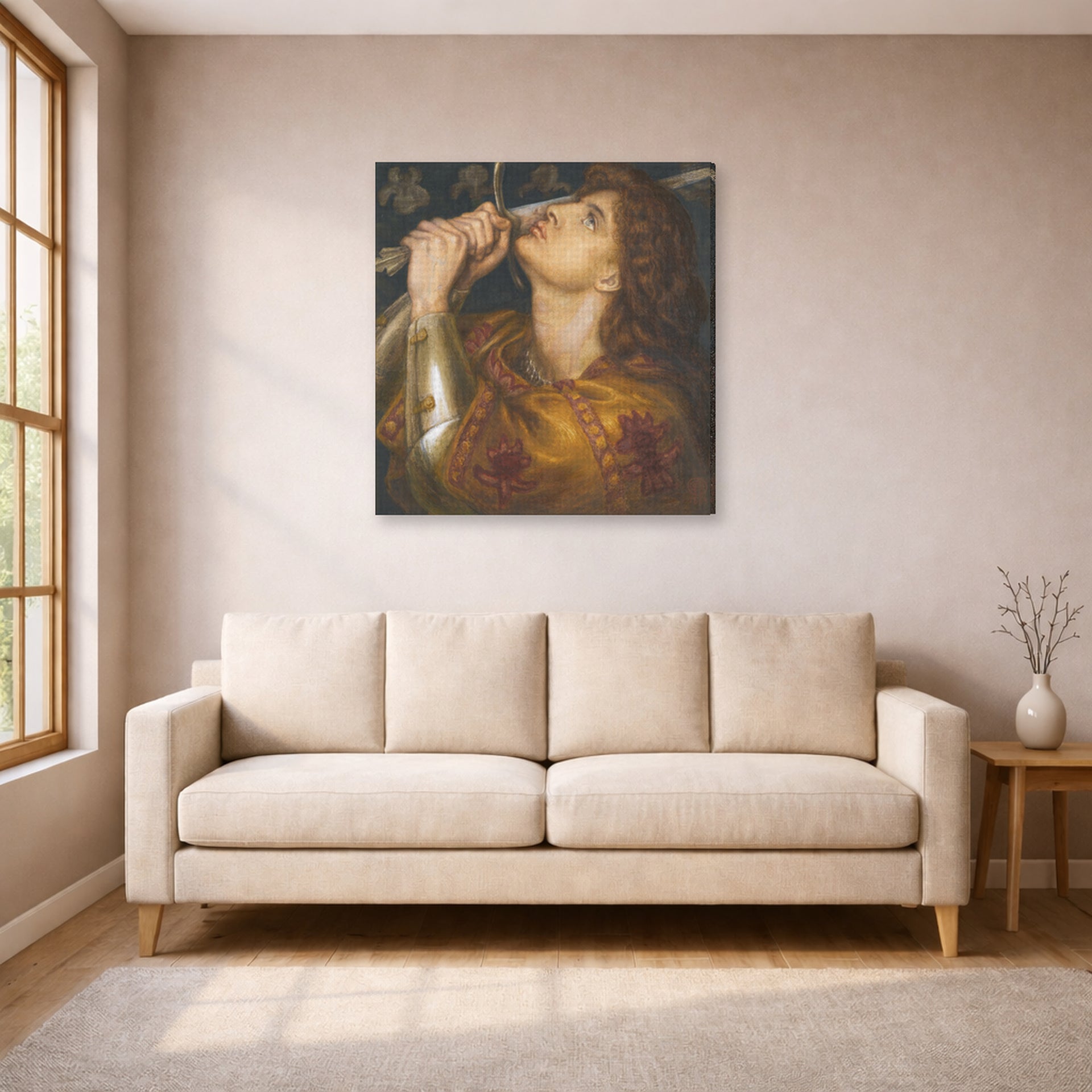 Gallery-wrapped canvas print of Dante Gabriel Rossetti's Joan of Arc displayed on a wall in a living room