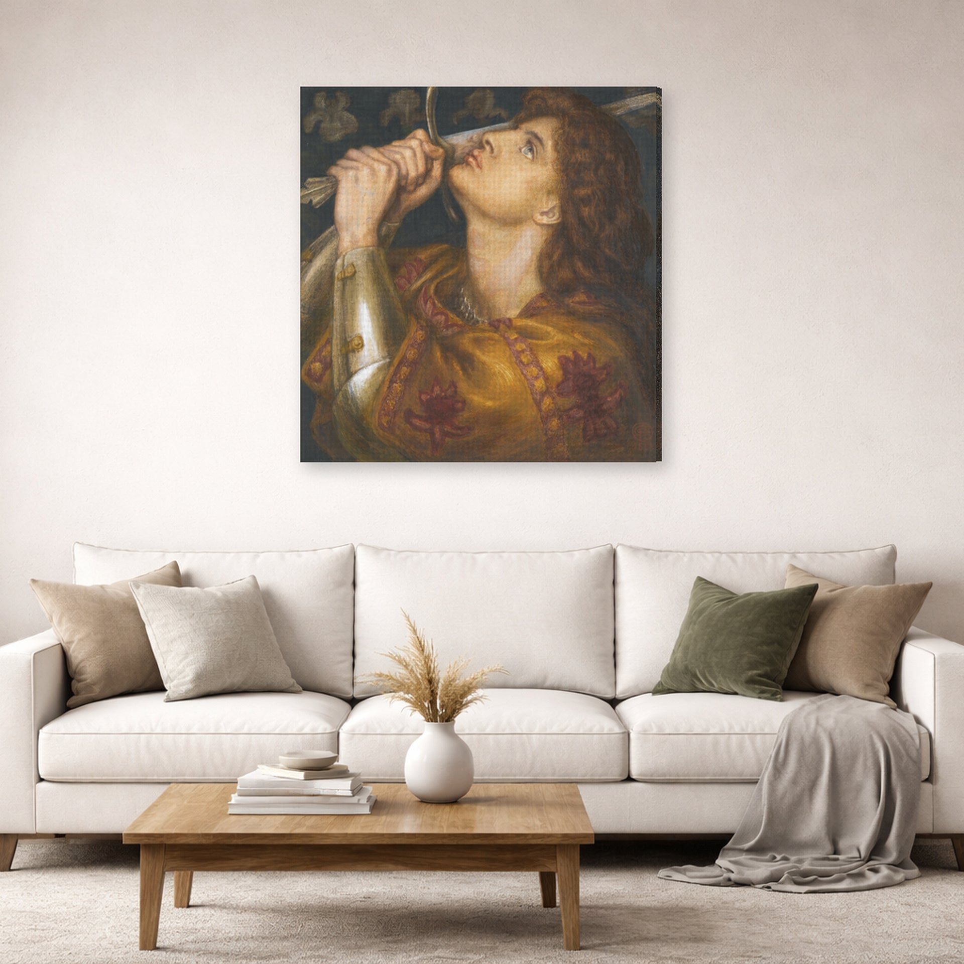 Gallery-wrapped canvas print of Dante Gabriel Rossetti's Joan of Arc displayed on a wall in a living room