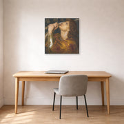 Gallery-wrapped canvas print of Dante Gabriel Rossetti's Joan of Arc displayed on a wall in a office