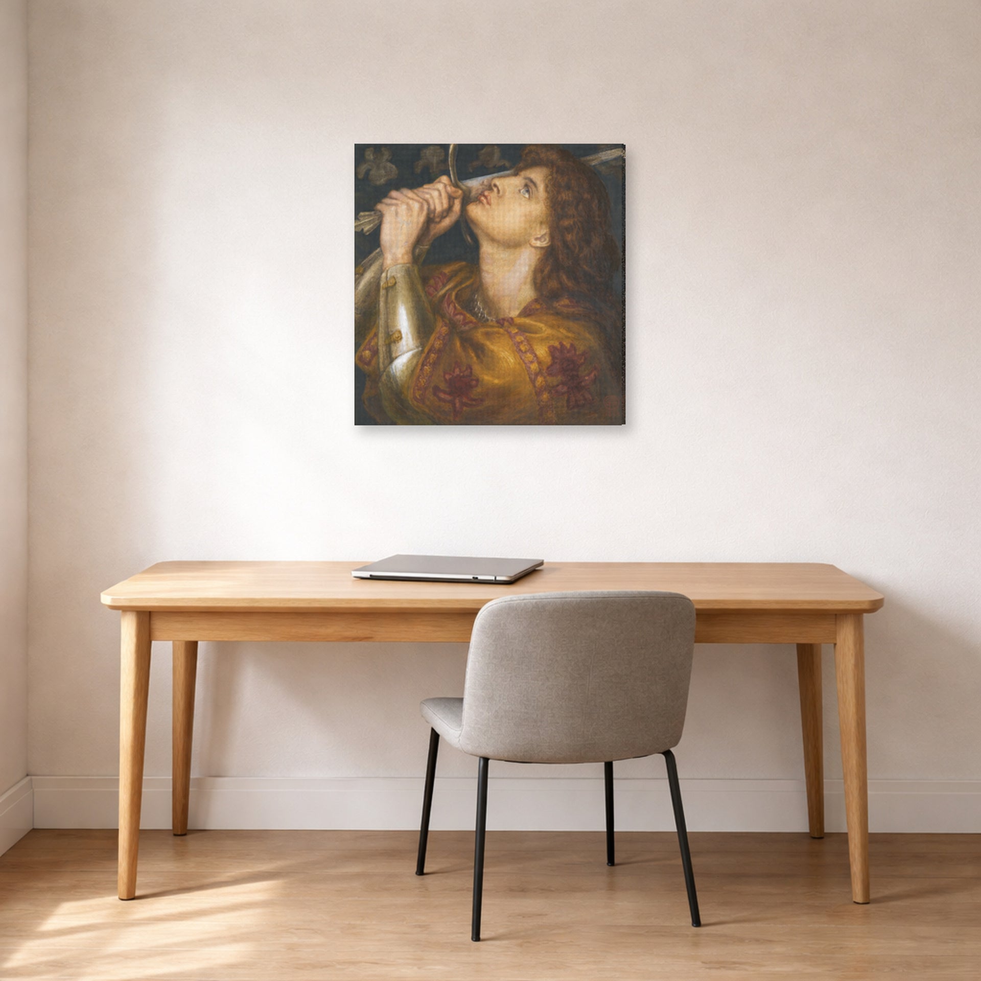 Gallery-wrapped canvas print of Dante Gabriel Rossetti's Joan of Arc displayed on a wall in a office