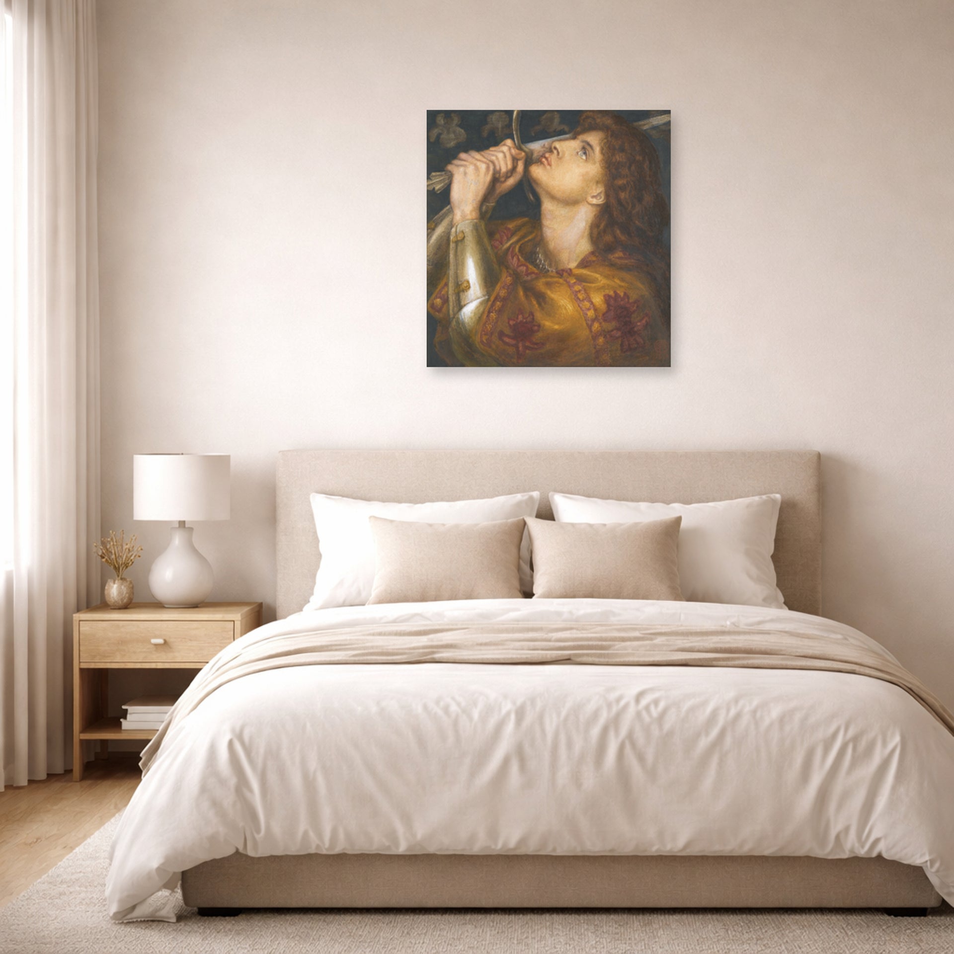 Unframed poster print of Dante Gabriel Rossetti's Joan of Arc displayed on a wall in a bedroom