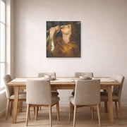 Unframed poster print of Dante Gabriel Rossetti's Joan of Arc displayed on a wall in a dining room