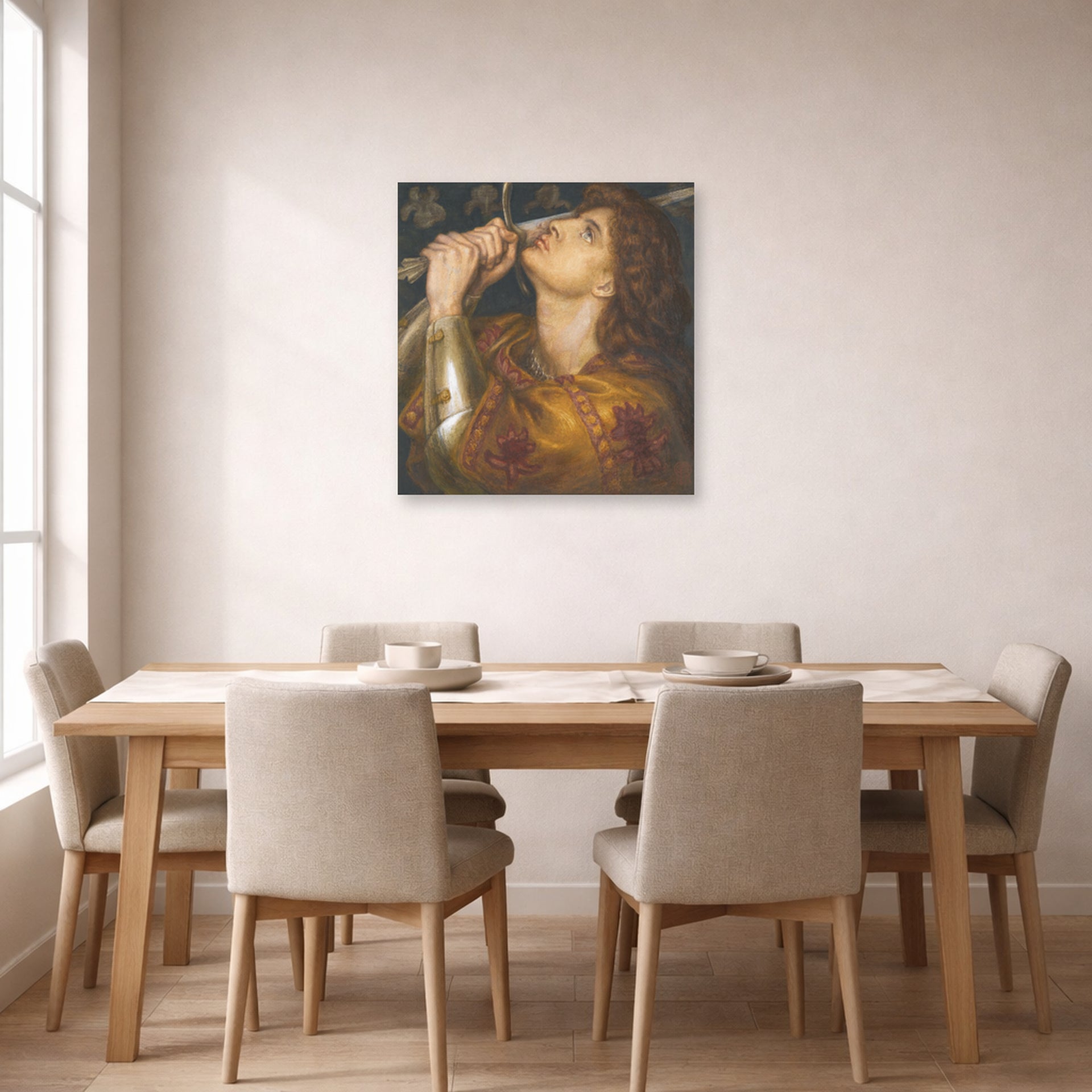 Unframed poster print of Dante Gabriel Rossetti's Joan of Arc displayed on a wall in a dining room