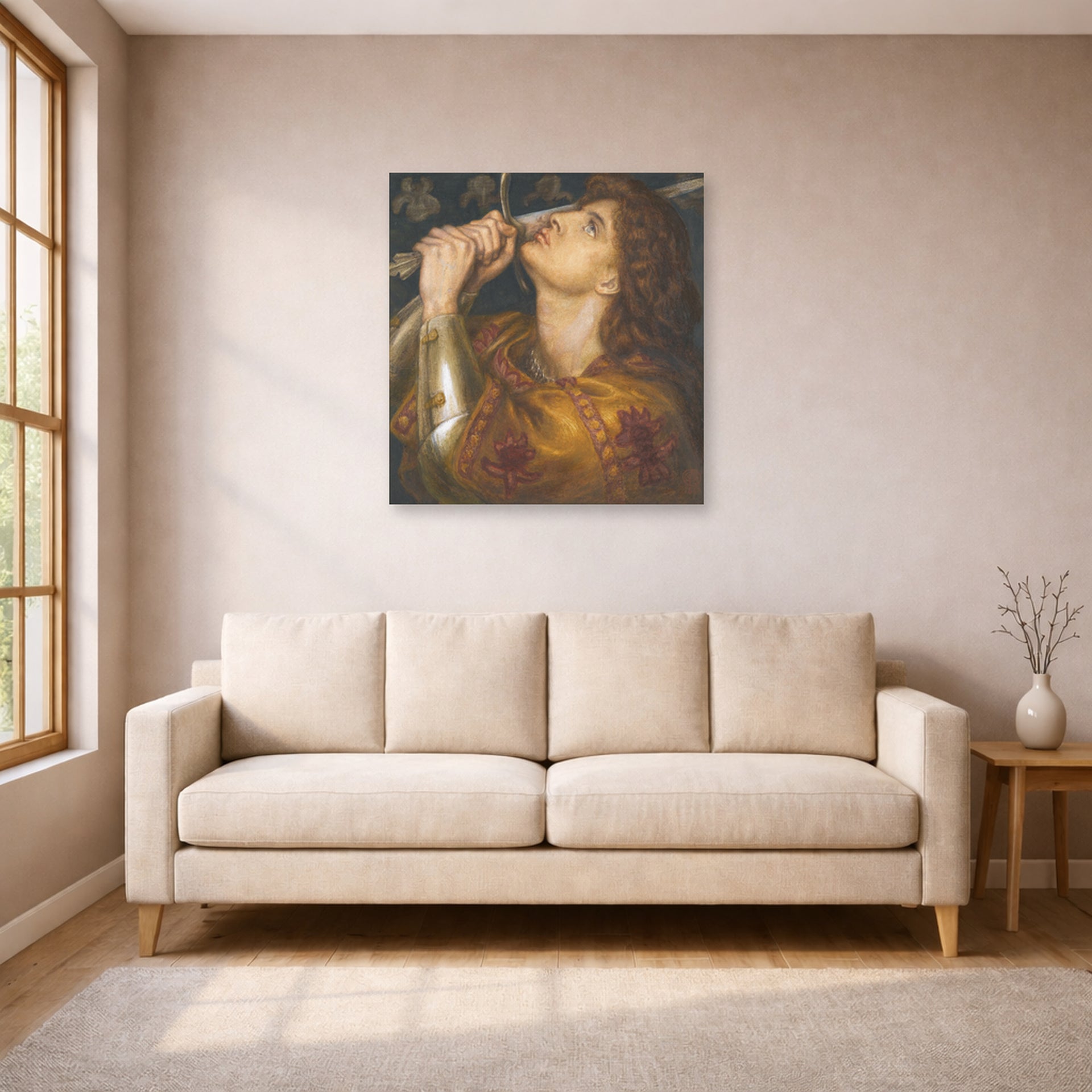 Unframed poster print of Dante Gabriel Rossetti's Joan of Arc displayed on a wall in a living room