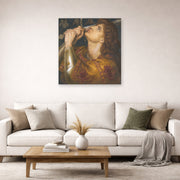 Unframed poster print of Dante Gabriel Rossetti's Joan of Arc displayed on a wall in a living room